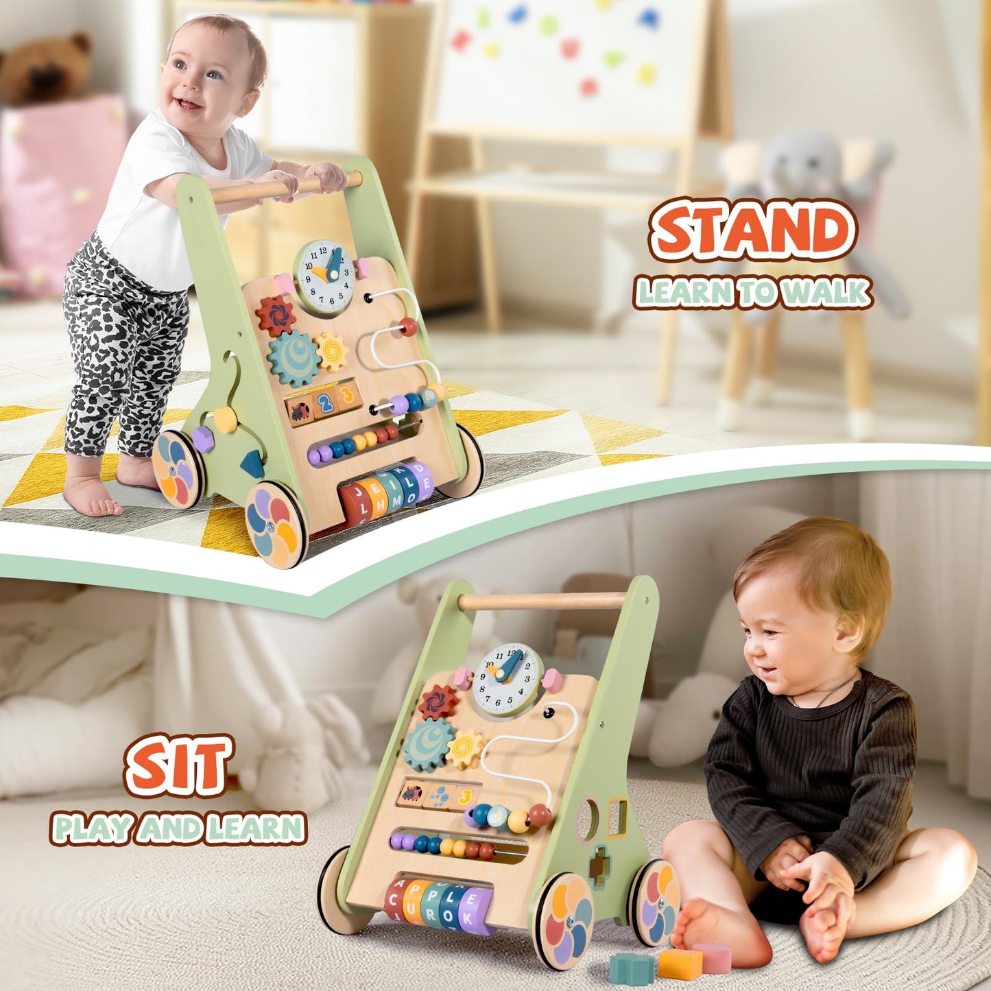 BAUTIA Wooden Baby Walker for 6-12 Months, Montessori Walker Push Toy for Toddlers Learning to Walk, Push Walker Baby Activity Center for Boys and Girls