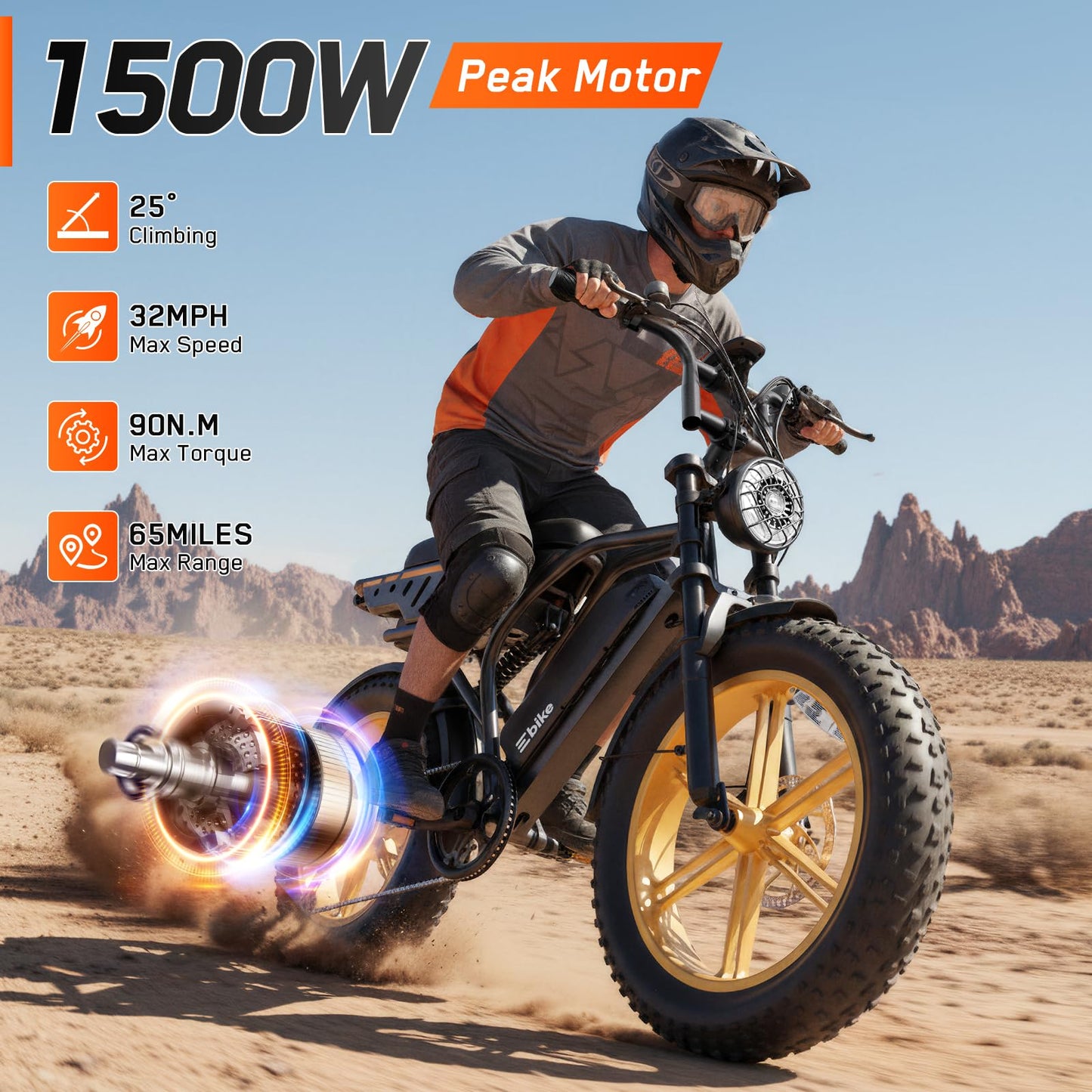 Electric Bike for Adults, 1500W Peak Motor Retro E Bike, Removable 48V 15Ah Battery, 20"x4.0 Fat Tire, 30 MPH Max Speed, 60 Miles Range, Ebike with Suspension, Fashion Design Wheels Hub Yellow