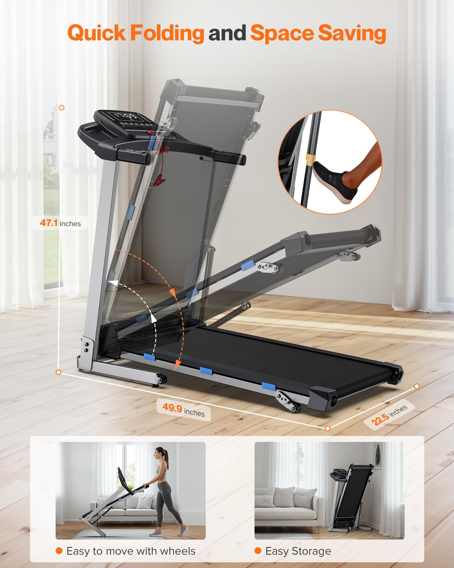 Cardirun Foldable Treadmill with Incline, 350 LBS Capacity, 3.0HP Quiet Running Treadmills for Home, Incline Treadmill with Pulse Sensor and Bluetooth Speaker, Wide Belt, App & Voice Control, 7.6 MPH
