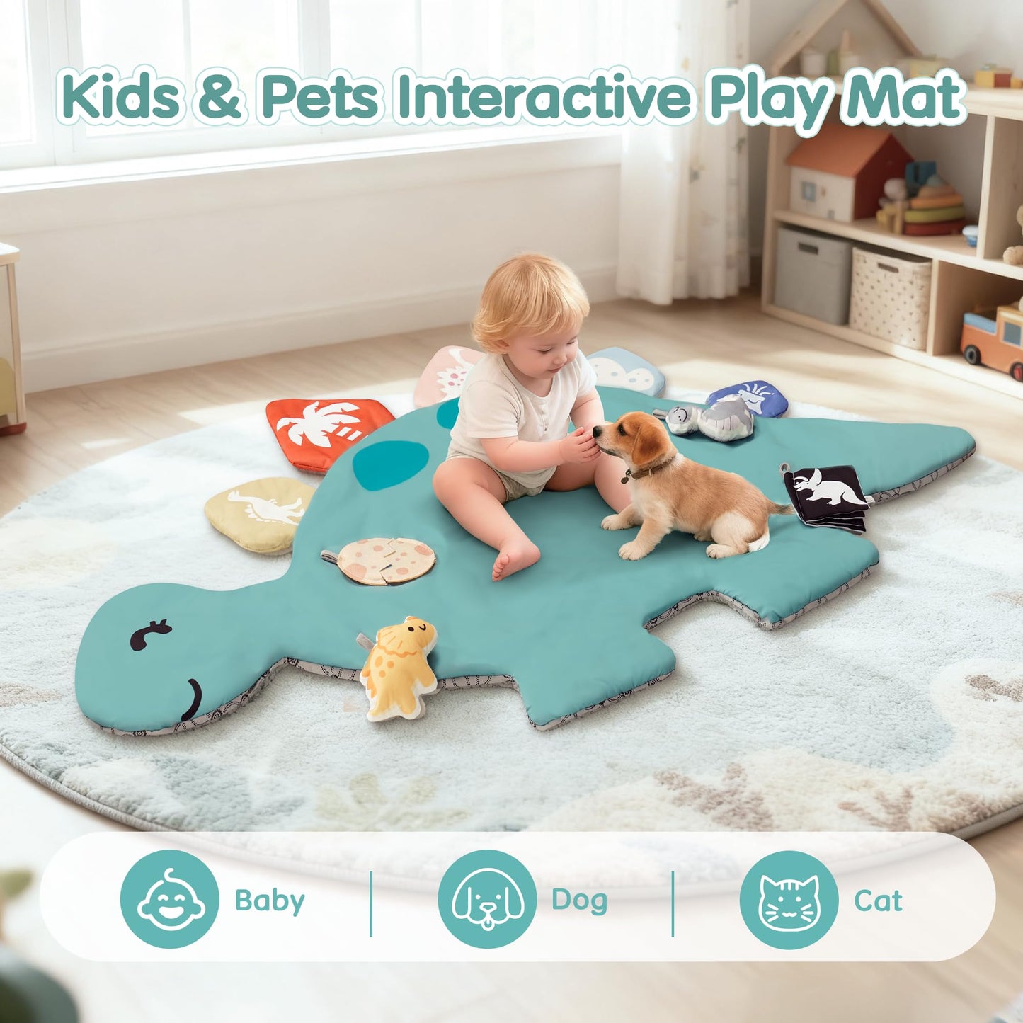 Baby Tummy Time Mat, Oversize Dinosaur Shaped Baby Play Gym Mat with 6 Toys, Play Mat for Babies 0-6-12 Months Promotes Motor Skills & Sensory Development, Newborn Essentials Infant Shower Gift