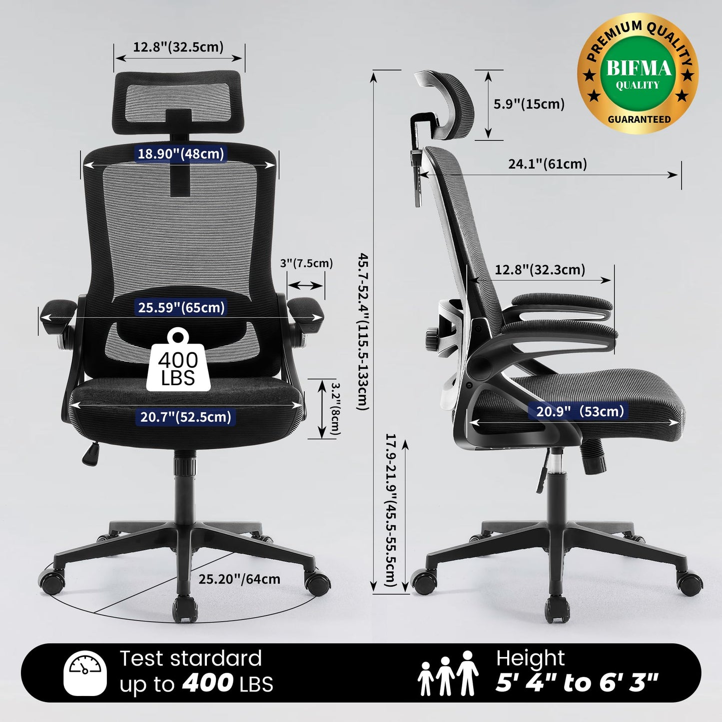 Fizzin Ergonomic Office Chair, 400 LBS Computer Chairs with Adjustable Lumbar Support, Breathable Mesh Desk Chair Ergonomic with Thickened Cushion, Comfy Home Office Desk Chair (Black)