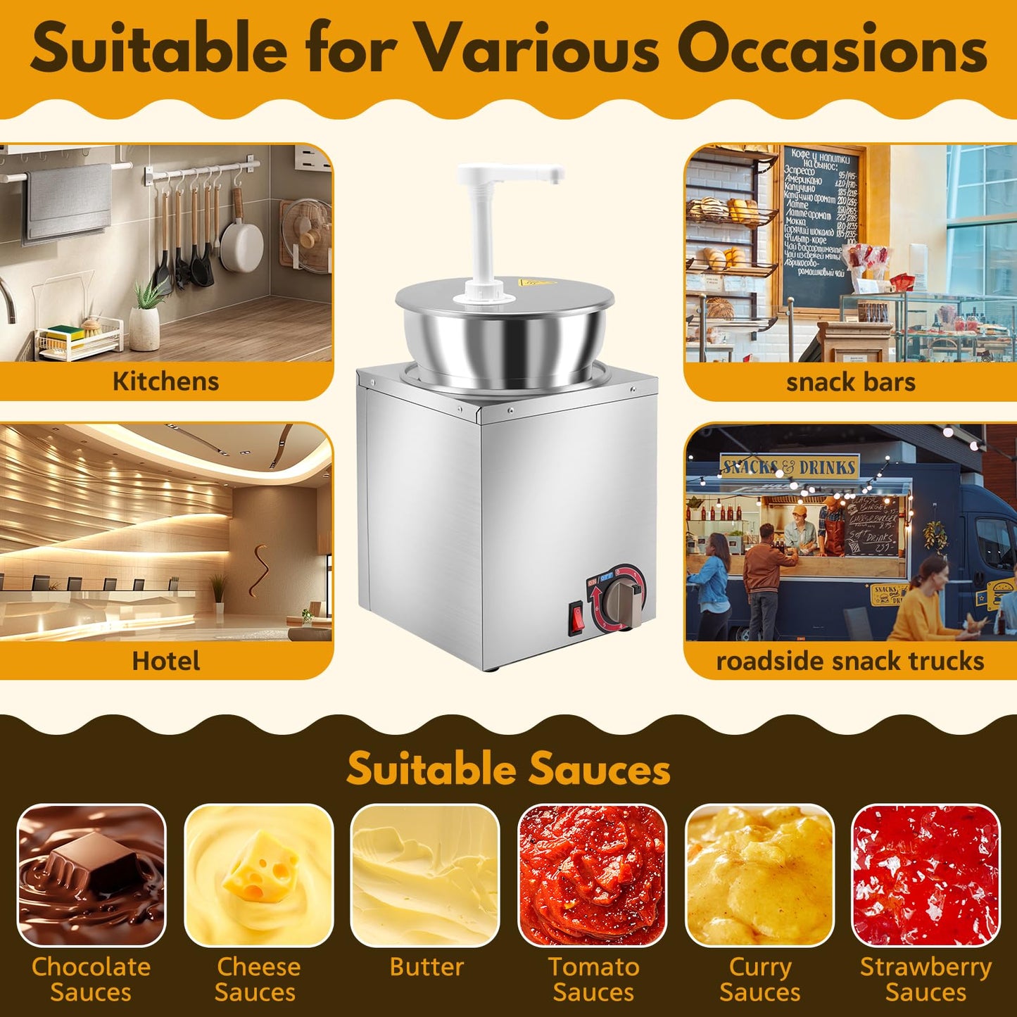 Fulgutonit Electric Nacho Cheese Dispenser with Pump, 4.6Qt Nacho Cheese Warmer, Commercial Hot Fudge Warmer, 86~190℉ Adjustable Temp Nacho Cheese Sauce Warmer for Buffet Kitchen Cafeteria Home Party