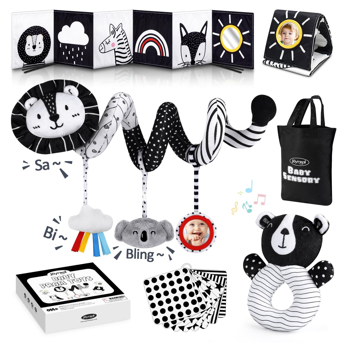 Joyreal High Contrast Baby Toys for Newborn, Black and White Baby Sensory Toys with Car Seat Toys,Infant Toys with Black White Cards Book, Montessori Toys for Baby Gifts