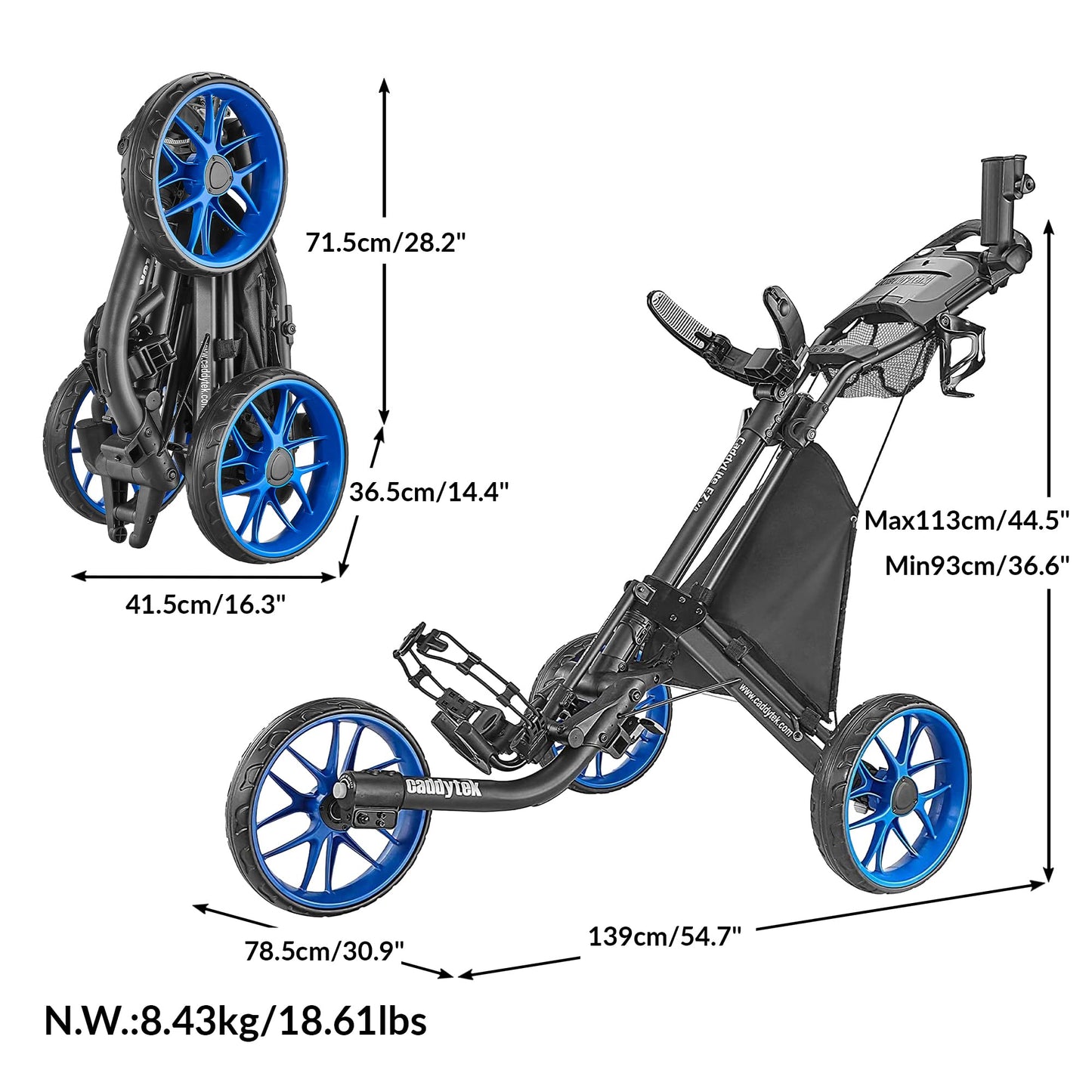 Caddytek CaddyLite EZ V8 Golf Push Cart - Lightweight 3 Wheel Foldable Cart with One-Click 2-Step Folding, EVA Wheels, Adjustable Handle, Cooler Basket, Umbrella & Drink Holder, Compact Golf Cart