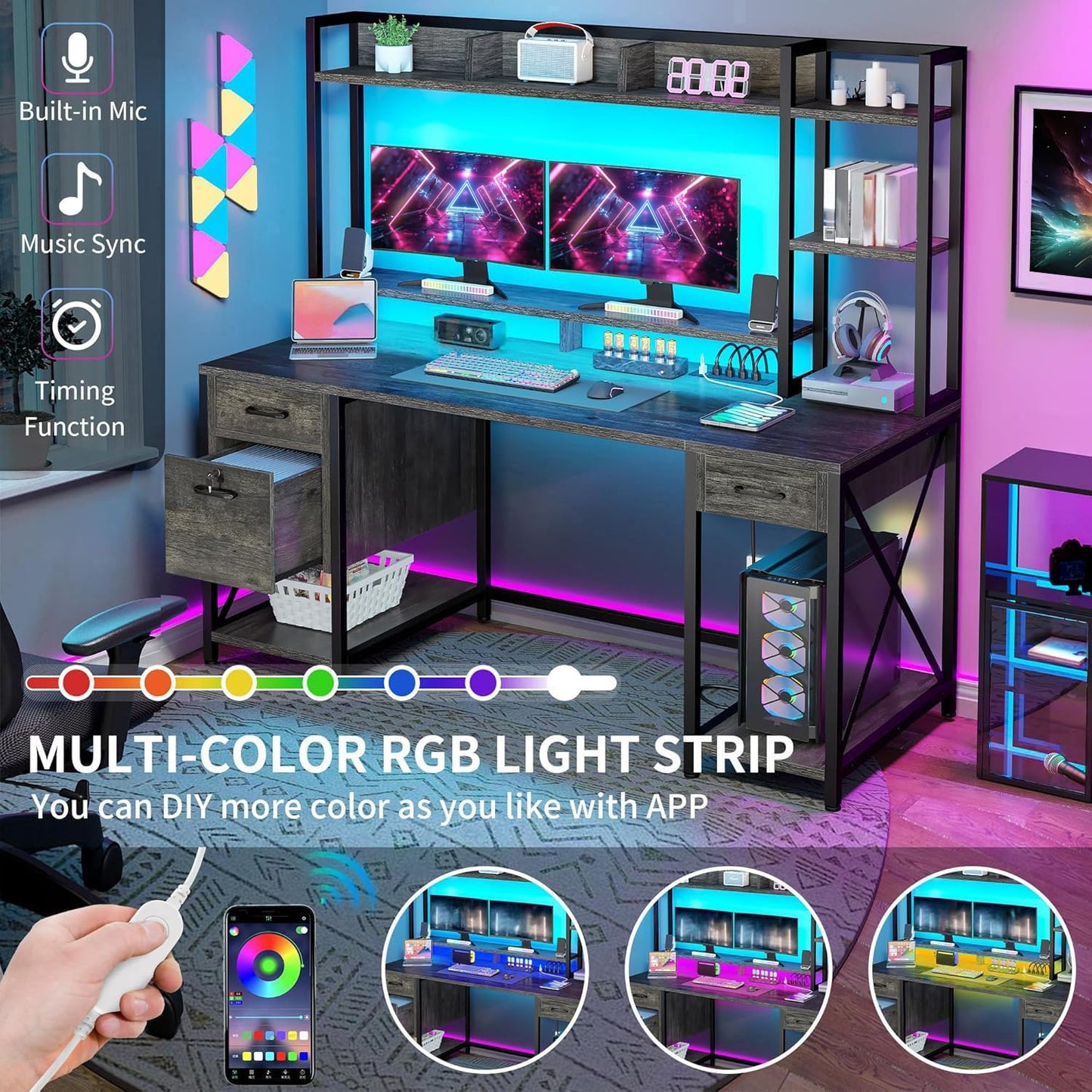 YITAHOME Computer Desk with Hutch & Drawers, 59" Office Desk with Power Outlets, Gaming Desk with LED Lights and Storage Shelves, Grey