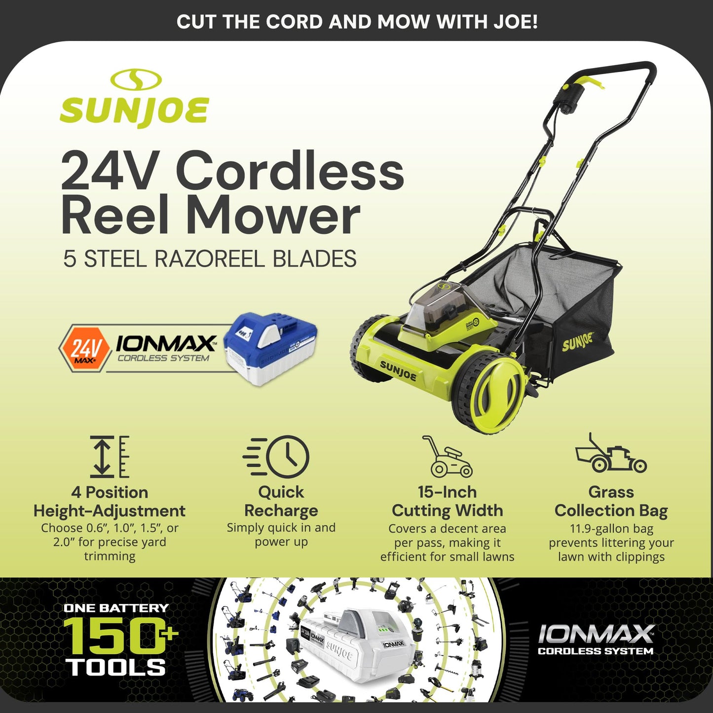 Sun Joe Cordless Electric Push Lawn Mower with 11.9-Gal Bag, 15-Inch Cutting Width, 360W Motor - Heavy-Duty Yard Trimmer for Gardening Care and Maintenance, IONMAX 24V-CRLM15