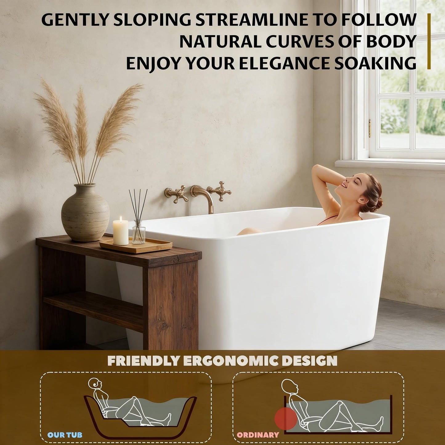 Acrylic Freestanding Bathtub, Soaking Tub with Seat, Toe-Tap Drain, Slotted Overflow, Deep Ergonomic Design, CUPC Certified, Glossy White, 49"