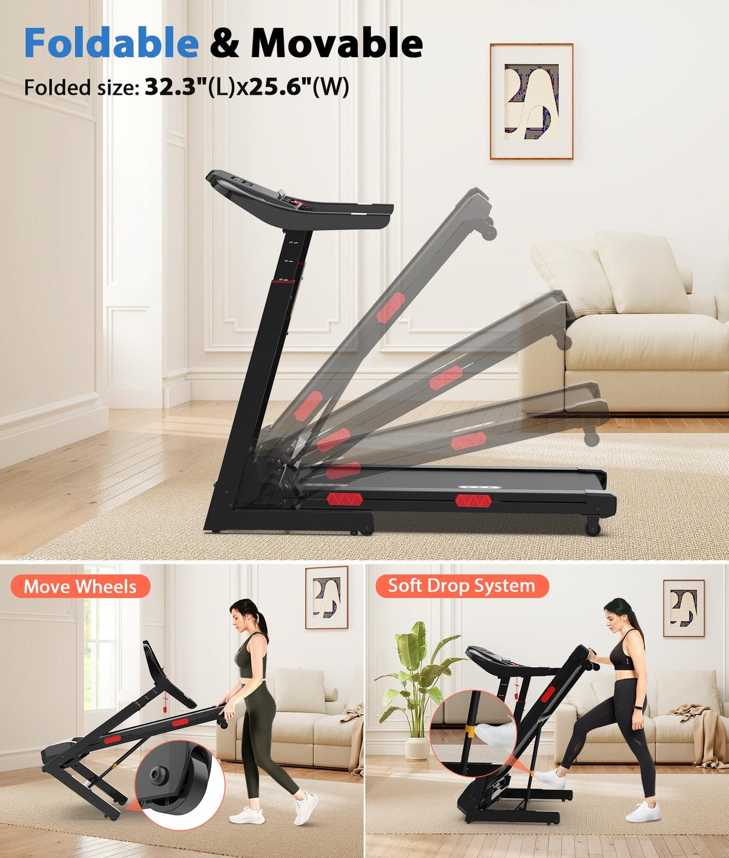 CIIHI Treadmill with Auto Incline - Adjustable Height Handrail 15% Auto Incline Treadmill with 400 lbs Capacity - Foldable Running Machine for Home with APP, Voice Control and Speaker - 8.7 MPH