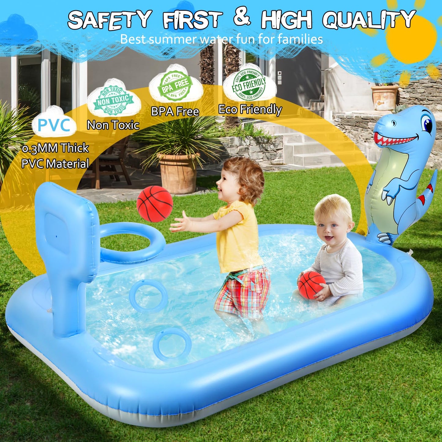 Splash Pad Sprinklers for Kids, 3 in 1 Inflatable Kiddie Pool Play Center Including Basketball Game and Ring Toss Game, 63inch Dinosaur Design Indoor Outdoor Water Play Mat for Toddlers 3-5 Boys Girls