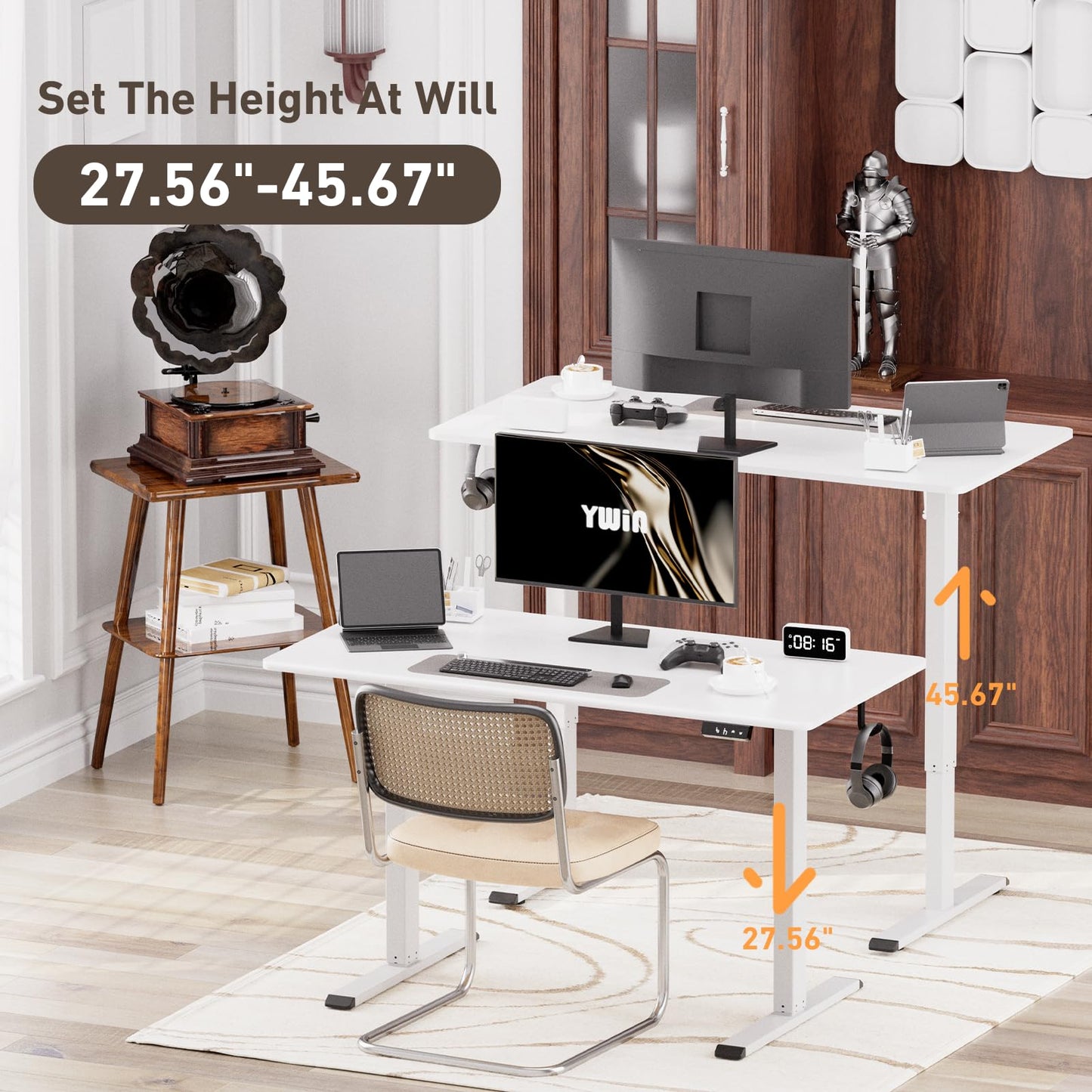 Ywin Electric Height Adjustable Standing Desk with Wheels, 63 x 24 inches Ergonomic Stand Up Desk for Home Office