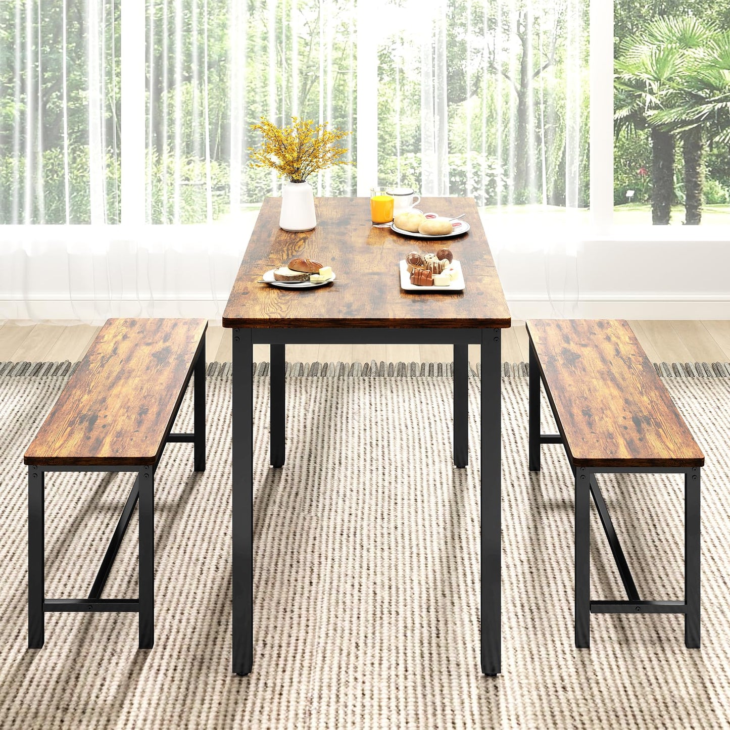 Rovibek 43" Dining Room Table Chairs Set for 4, Modern Space Saving Kitchen Table with 2 Benches & Adjustable Feet Breakfast Table, Wooden Industrial Style Farmhouse, Brown