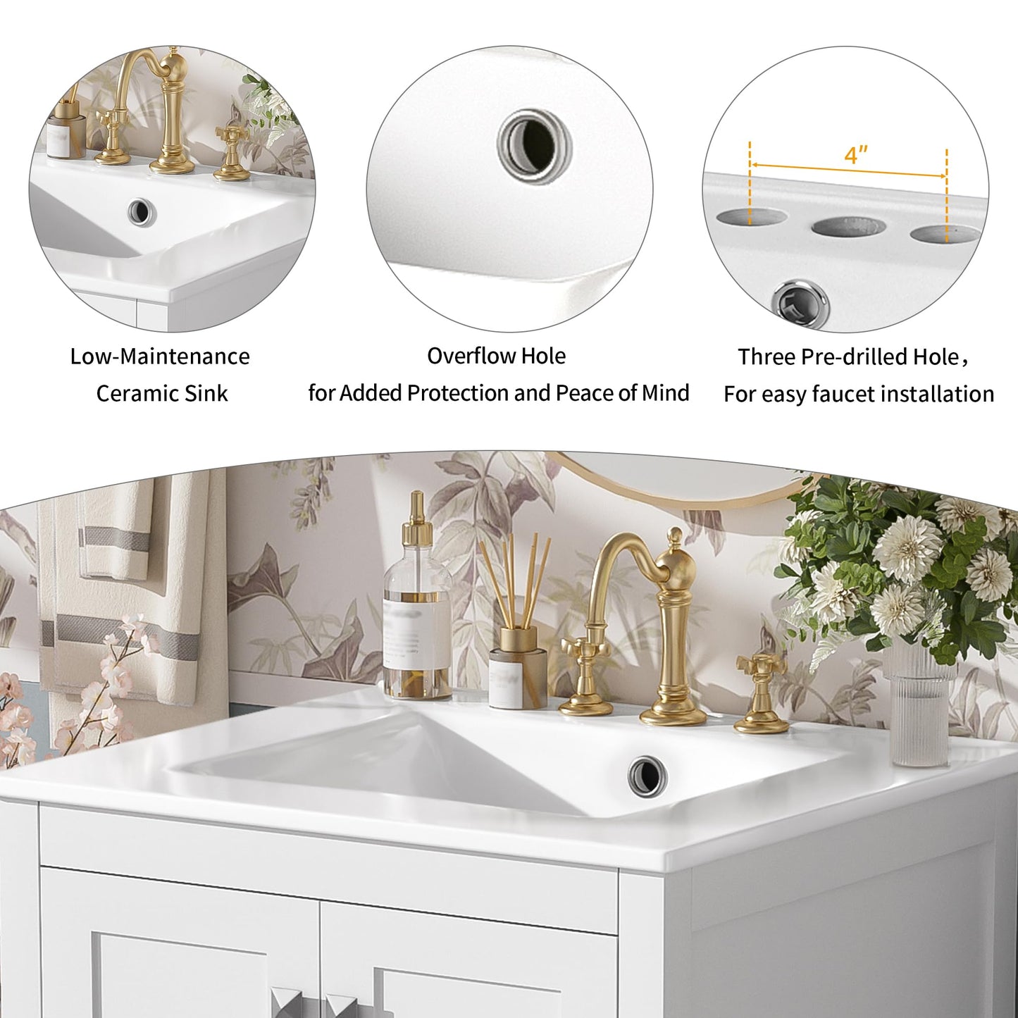 Favfurish 48" Bathroom Vanity with Ceramic Double Sink, Undermount Double Basin Vanity Set w/2 Divided Drawers and 4 Double-Layer Soft Close Doors & Built-in Shelf, Freestanding Storage Cabinet,White