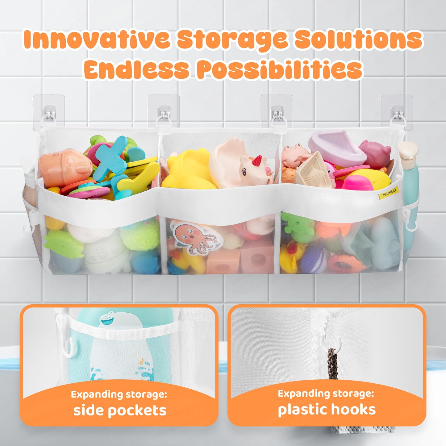 Bath Toy Organizer 3 Compartment Bath Toy Storage Bag Shower Caddy Quick Access Bathtub Toys Holder Baby Shower Games Tub Quick Dry Baby Bathroom Toys Storage Accessory White