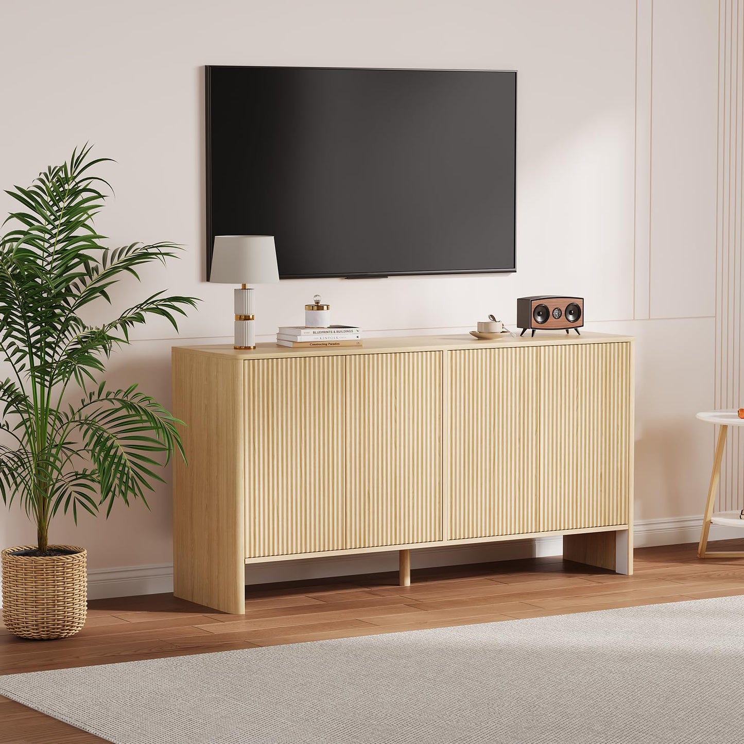 Garvee 58 in Fluted Sideboard Buffet Cabinet, Modern Accent Storage Cabinet with 4 Fluted Doors and Adjustable Shelves, Wood Credenzat Coffee Bar Console Table for Kitchen Dining Living Room- Natural
