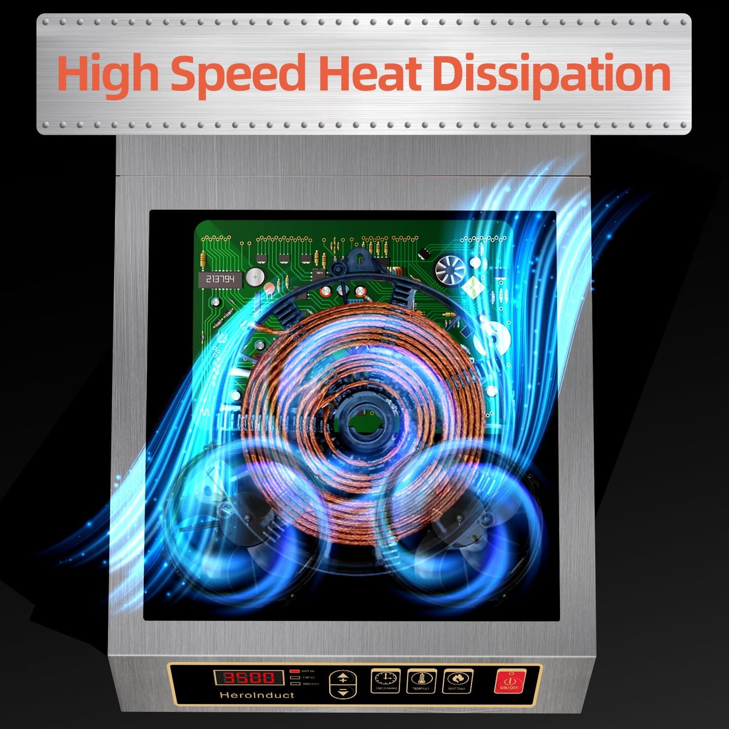 HeroInduct Portable Induction Cooktop 208-240V 3500W Commercial Range Countertop Burner Dual IGBT Modules 8 Heating Level Timer Sensor Push-Button Premium Stainless Steel Housing Ceramic Glass（Black）