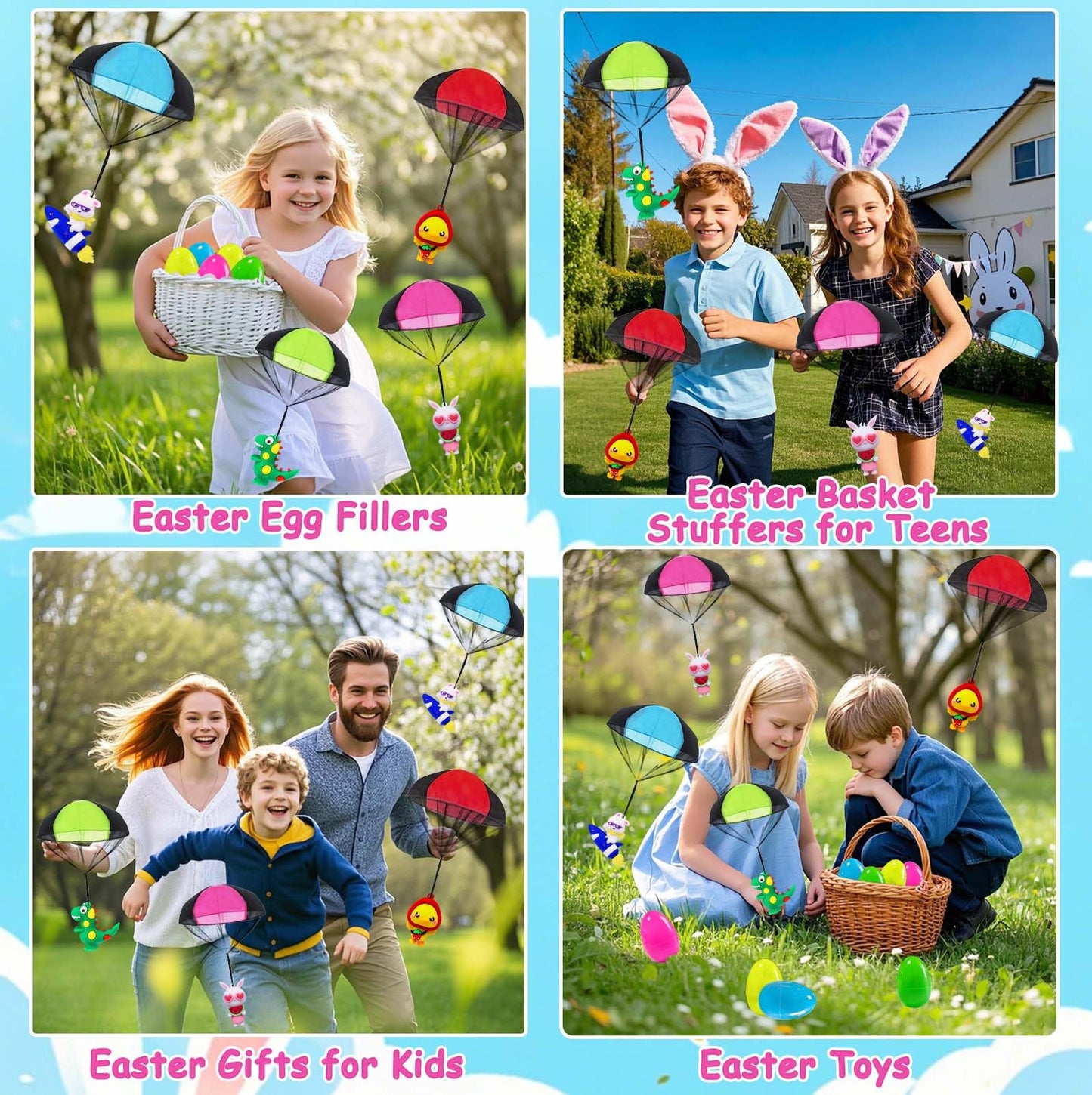 Easter Egg Fillers & Basket Stuffer Essentials for Teens Kids - 4Pack Prefilled Easter Eggs with Parachute Toys, Treasure Box Toys for Classroom Boys Girls, Egg Hunt Party Supplies, Carnival Prizes