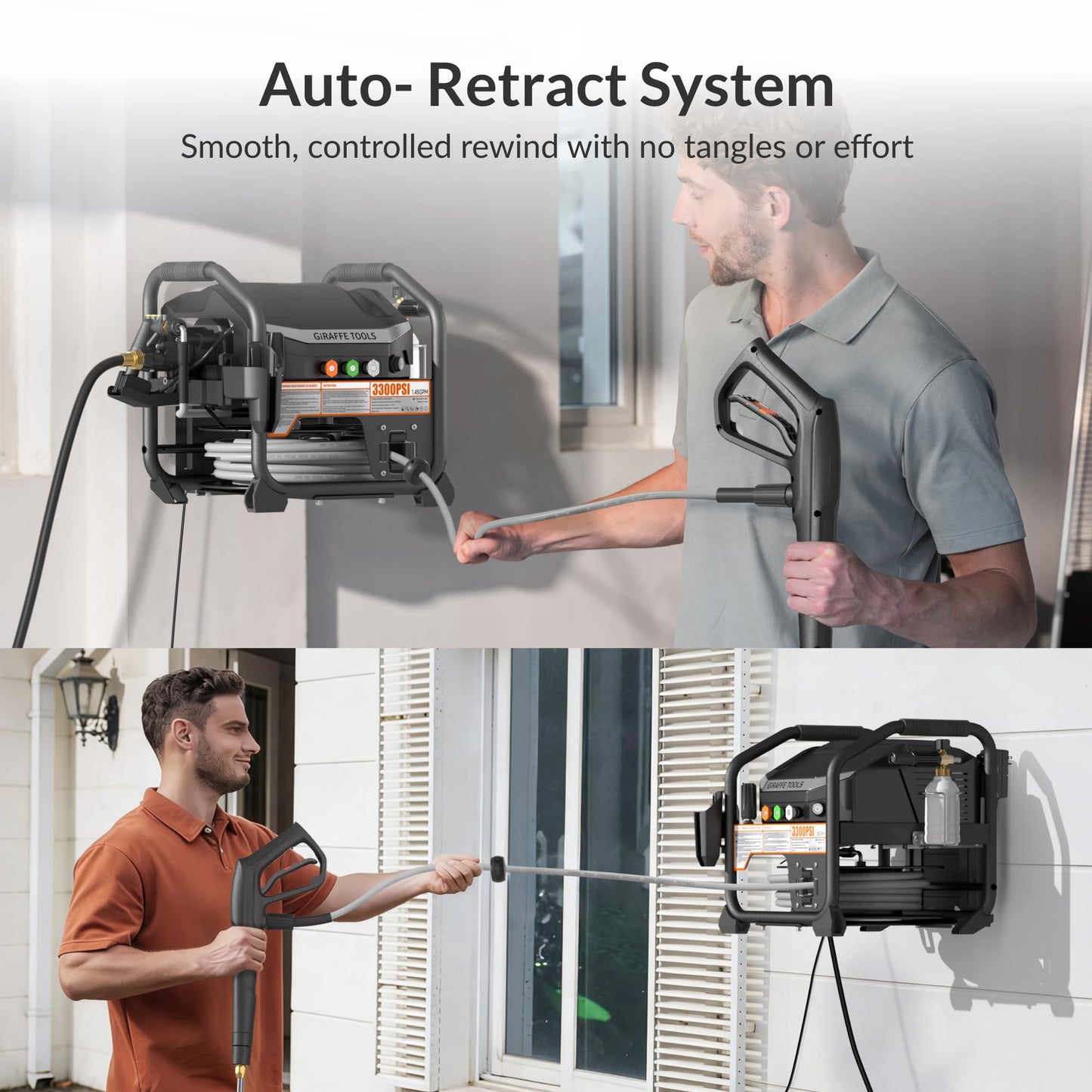 Giraffe Tools Crossfalls Retractable Pressure Washer Max, 3300PSI, 1.45GPM, 1800W Induction Motor, Wall Mounted Electric Power Washer with 50ft Pressure Hose, 4-Nozzles, Foam Cannon, Automatic Rewind