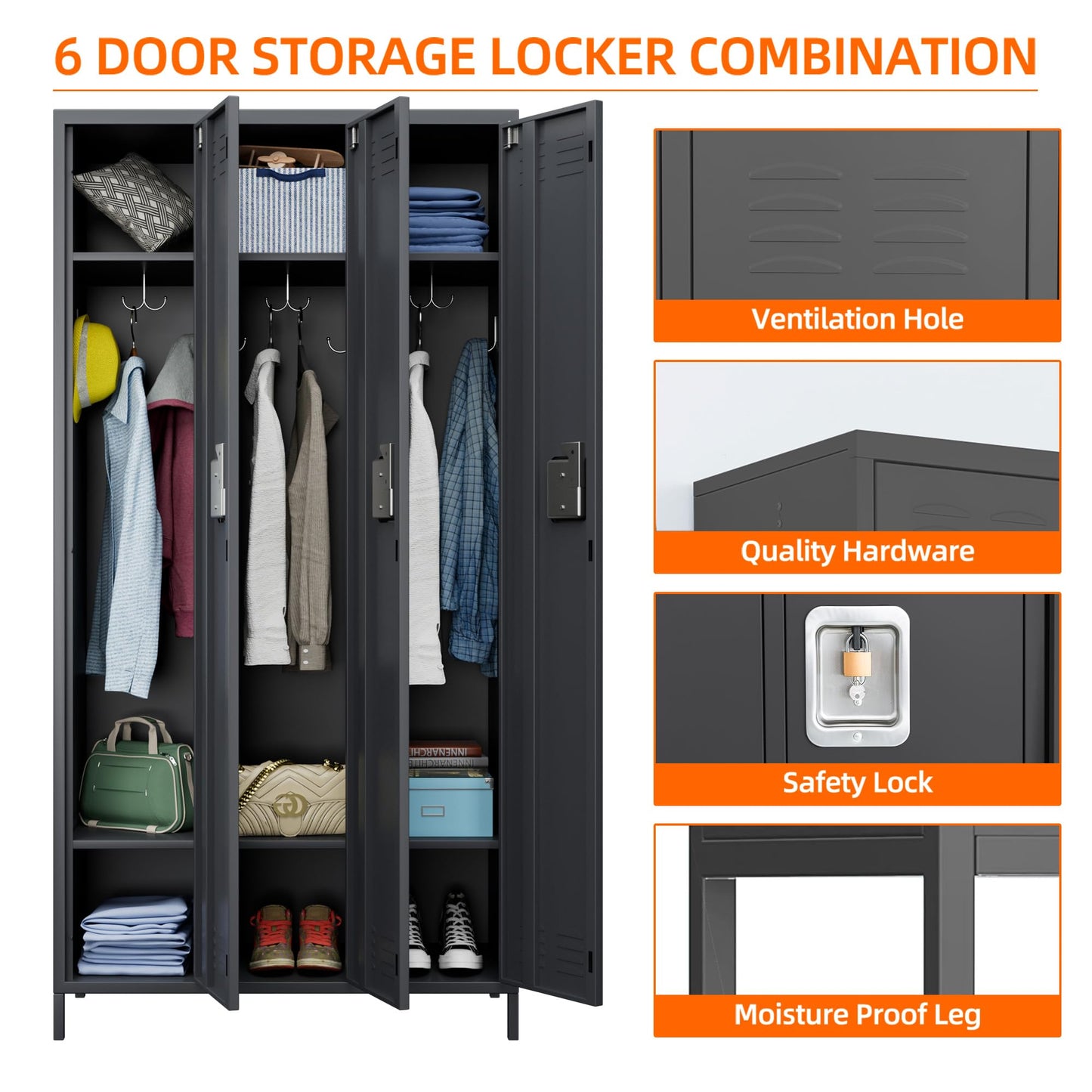 SUPEER Metal Storage Locker with 3 Doors,Metal Locker for Employees with 9 Hooks for School Garage Office Gym Home,Assembly Required,Dark Grey