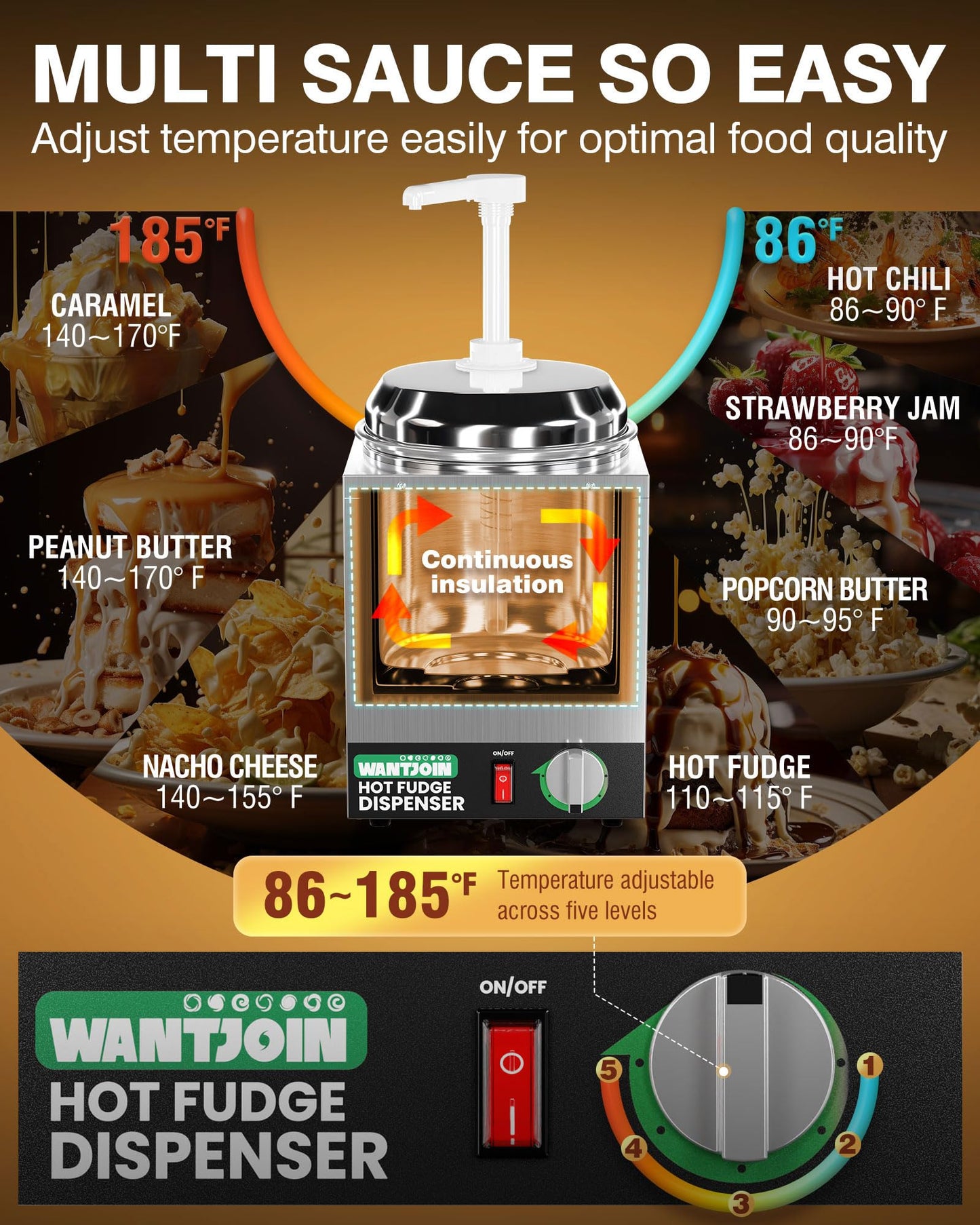 WantJoin 3.5Qt Nacho Cheese Dispenser with Pump - Nacho Cheese Warmer,Stainless Steel Hot Fudge Warmer W/5-Level Temperature Adjustment,Hot Fudge Dispenser for Hot Fudge Cheese Caramel
