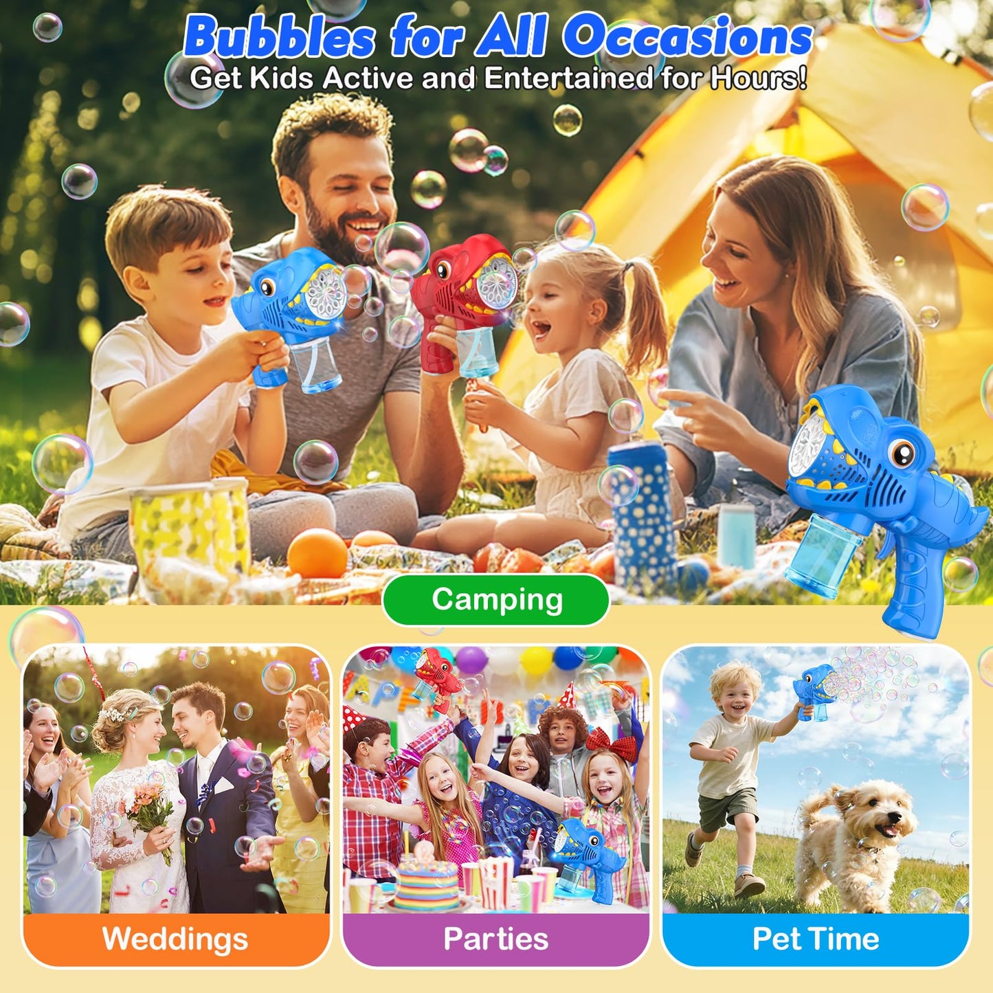 Bubble Machine Gun Kids Toys 2 Pack Rechargeable Bubble Guns with 4 Solutions Bubbles for Kids Toddlers Maker Blower Easter Basket Stuffers Dinosaur Outdoor Toys Valentines Boys Girls