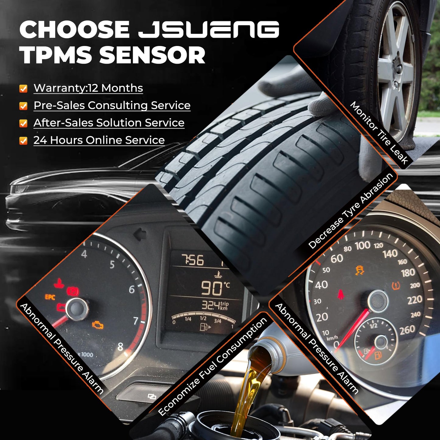 Jsueng TPMS Sensor, GM Tire Pressure Monitoring System Sensor for Buick Cadillac Chevy GMC Pontiac Saturn Hummer Saab Replaces 13586335 13598771 13598772 13581558 315Mhz Set of 4