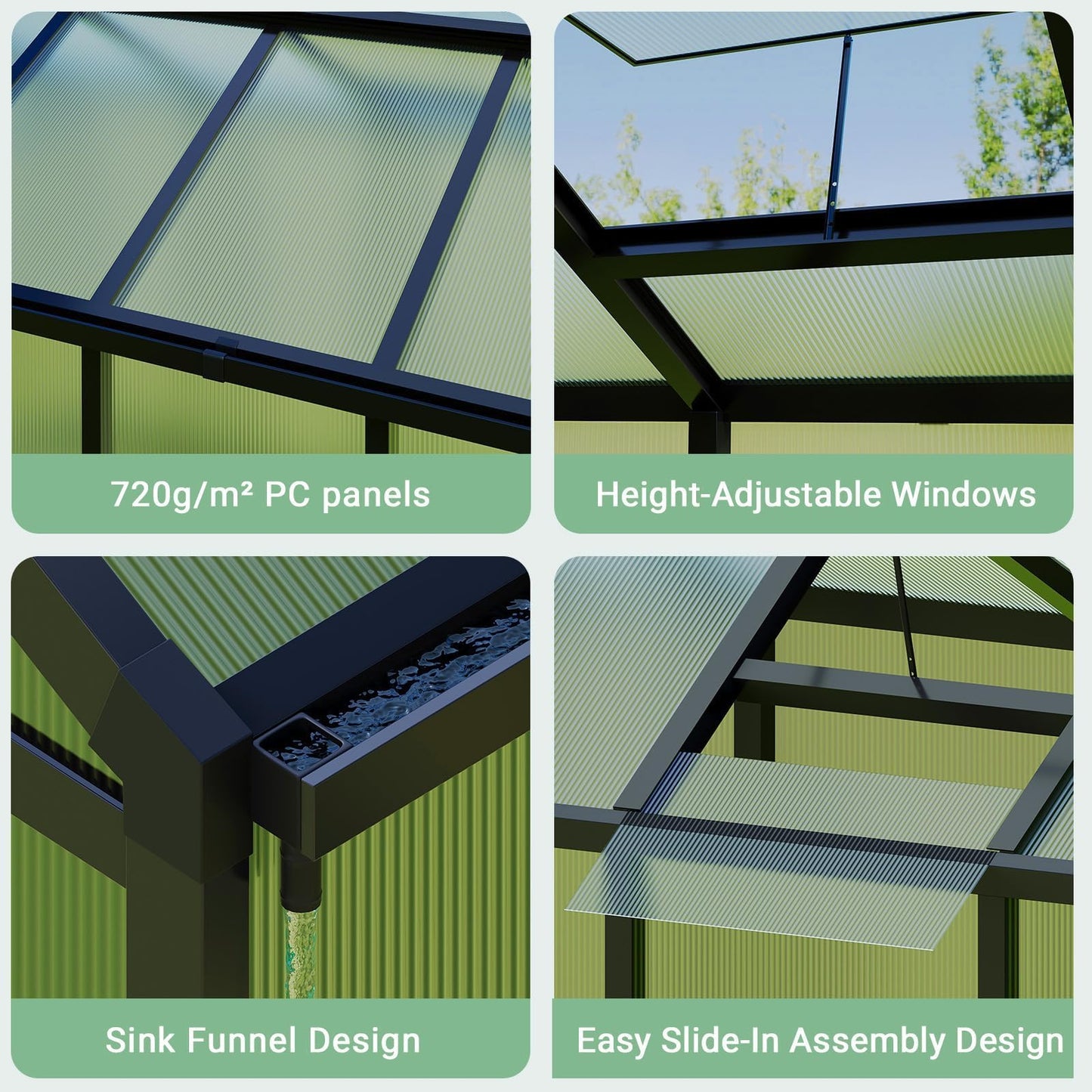 6X10FT Greenhouse, Aluminum Polycarbonate Green House, Green Houses for Outside with Sliding Doors, Outdoor Greenhouse with Ajustable Roof Vent, Withstands Bad Weather for Garden, or Backyard, Black