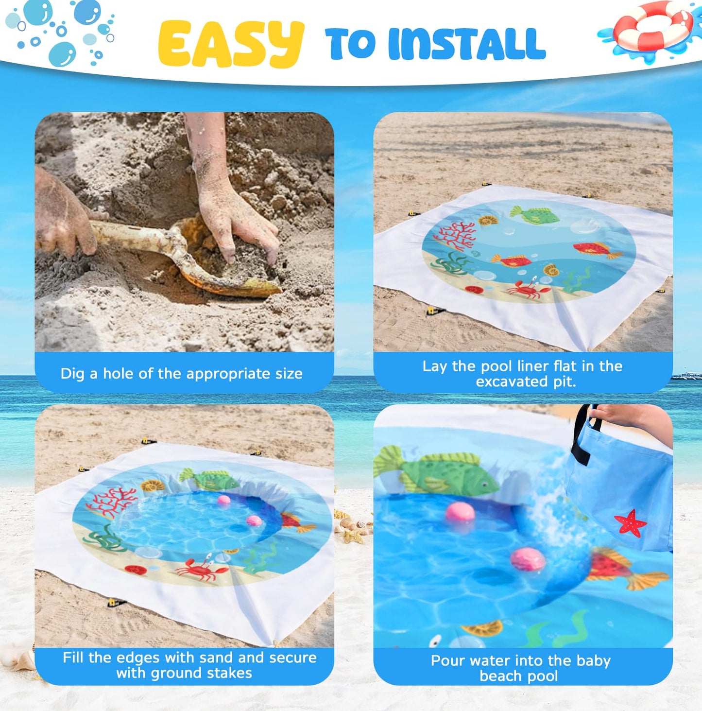 Baby Beach Pool，Kiddie Pool and Beach Blanket，2 in 1 Toddler Paddling Pool，Beach Toys for Infant Kids Boys and Girls with Portable Water Bag