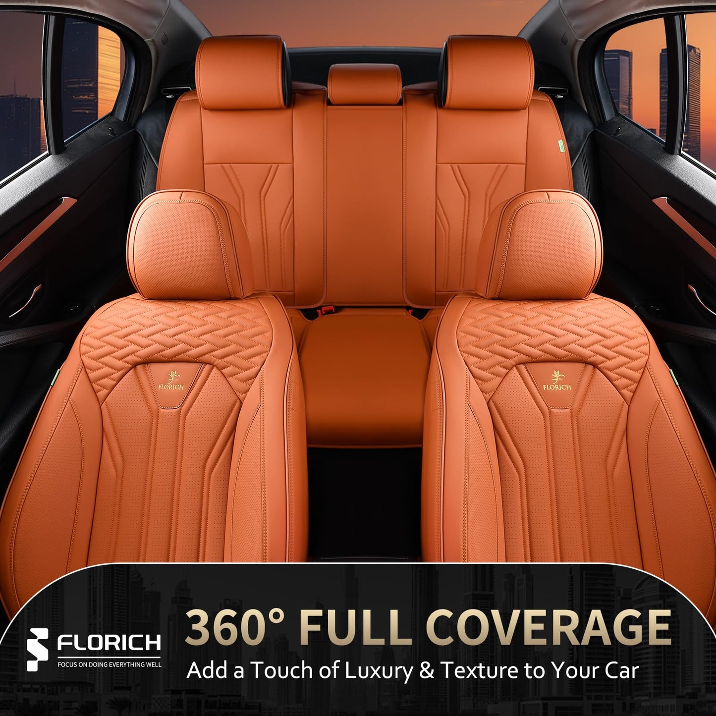 FLORICH Car Seat Covers Full Set, Leather Seat Covers for Cars, Orange Seat Cover, Waterproof Car Seat Cushion Universal Car Seat Protector Front Seats and Back Fit for Most Cars Trucks SUVs