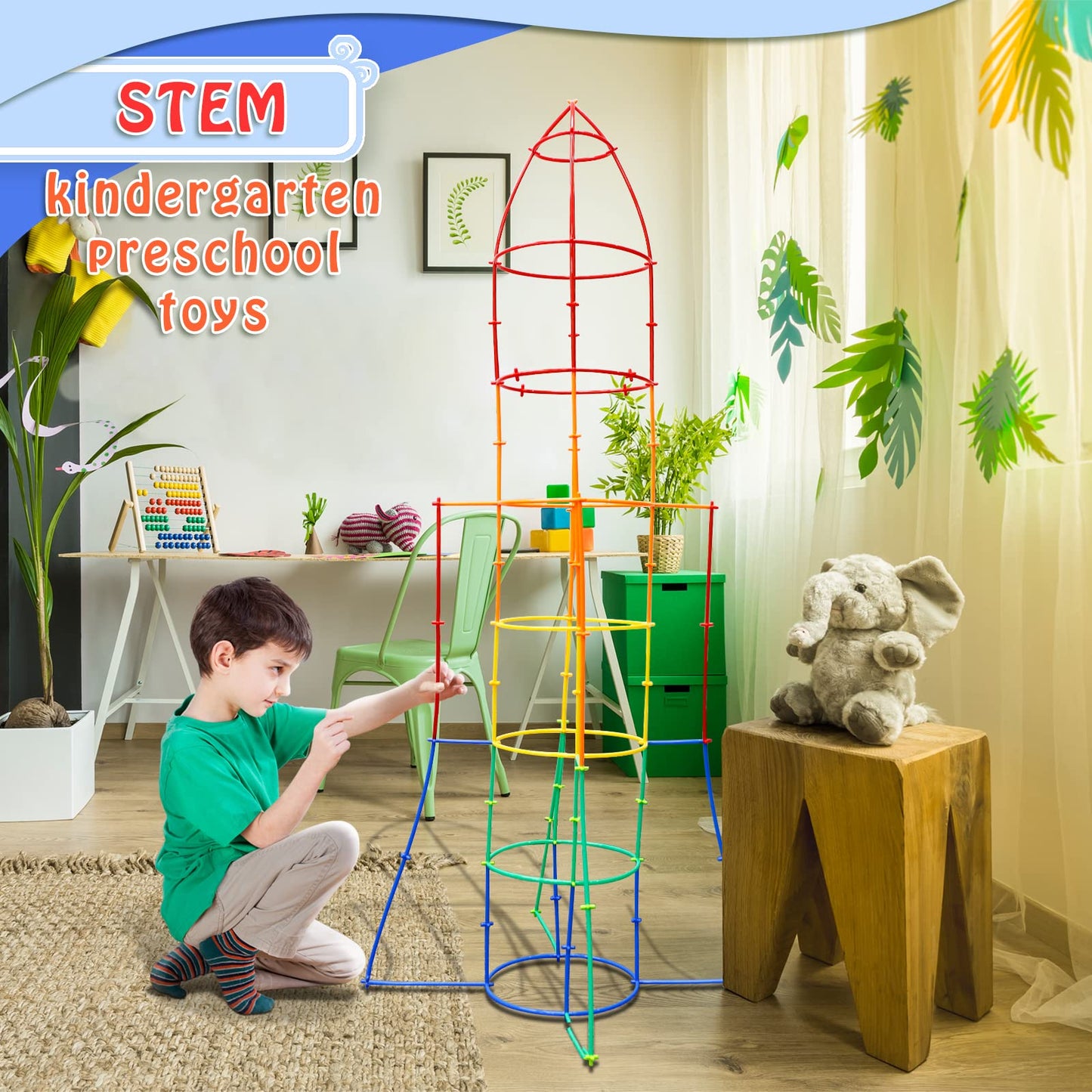 Ggiibro Creative Straw STEM Building Toys 450Pcs Aged for 3-5 5-7 Preschool Kids Constructor Toy Thin Tube Toy DIY Educational Interlocking Plastic Engineering Toys Kit for Boys and Girls