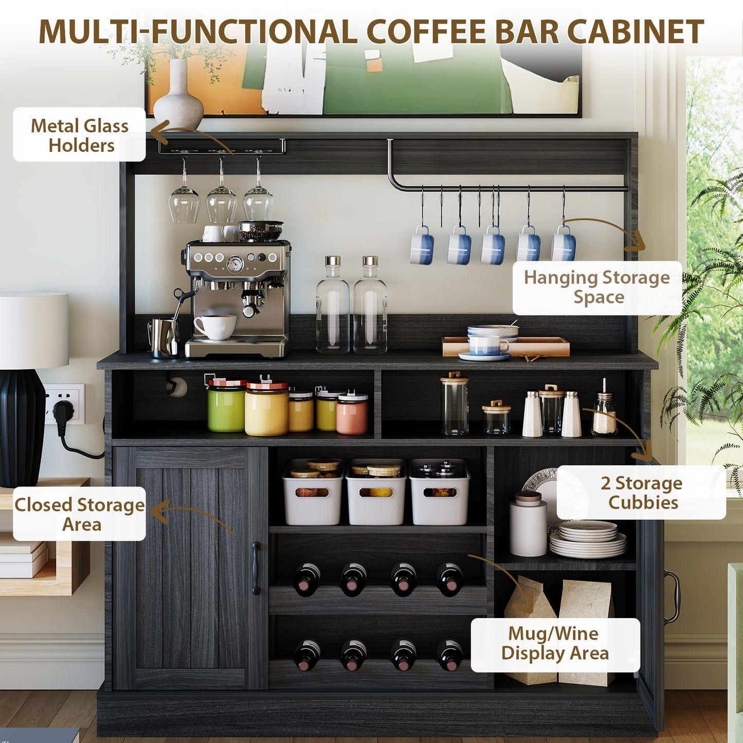47 in Farmhouse Buffet Sideboard Cabinet with Power Outlets Coffee Bar Cabinet with Storage, Large Buffet Storage Cabinet Table with Wine Racks, Goblet Holder, Hooks for Kitchen, Dining Room, Grey