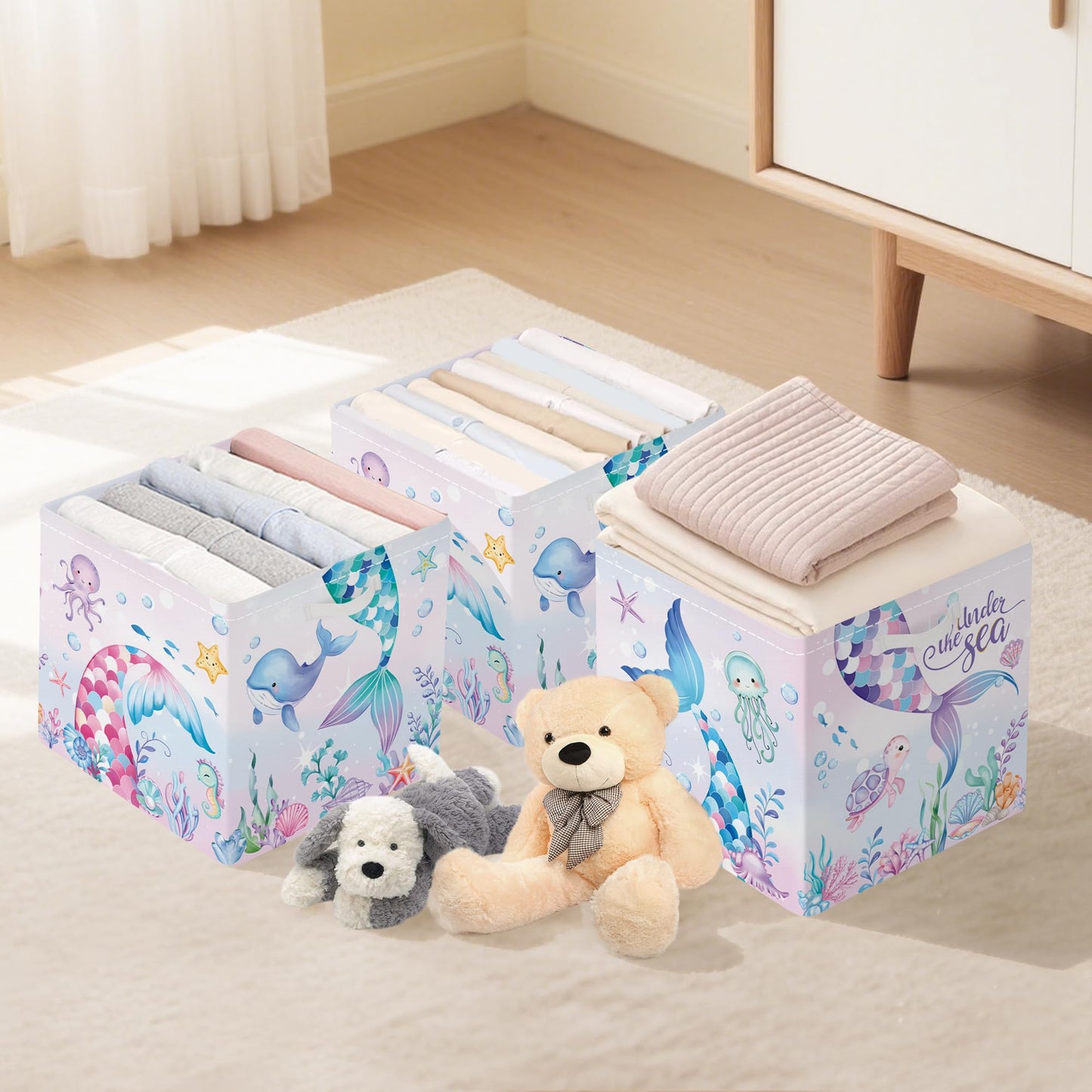 Clastyle Mermaid Tail Kid Storage Cube Organizer Set with Metal Frame Ocean Animal Turtle Closet Clothes Toy Storage Bin Nursery Toddler Girl Book Shelf Basket, Colorful Seaweed, 11.8x11.8x11.8 in
