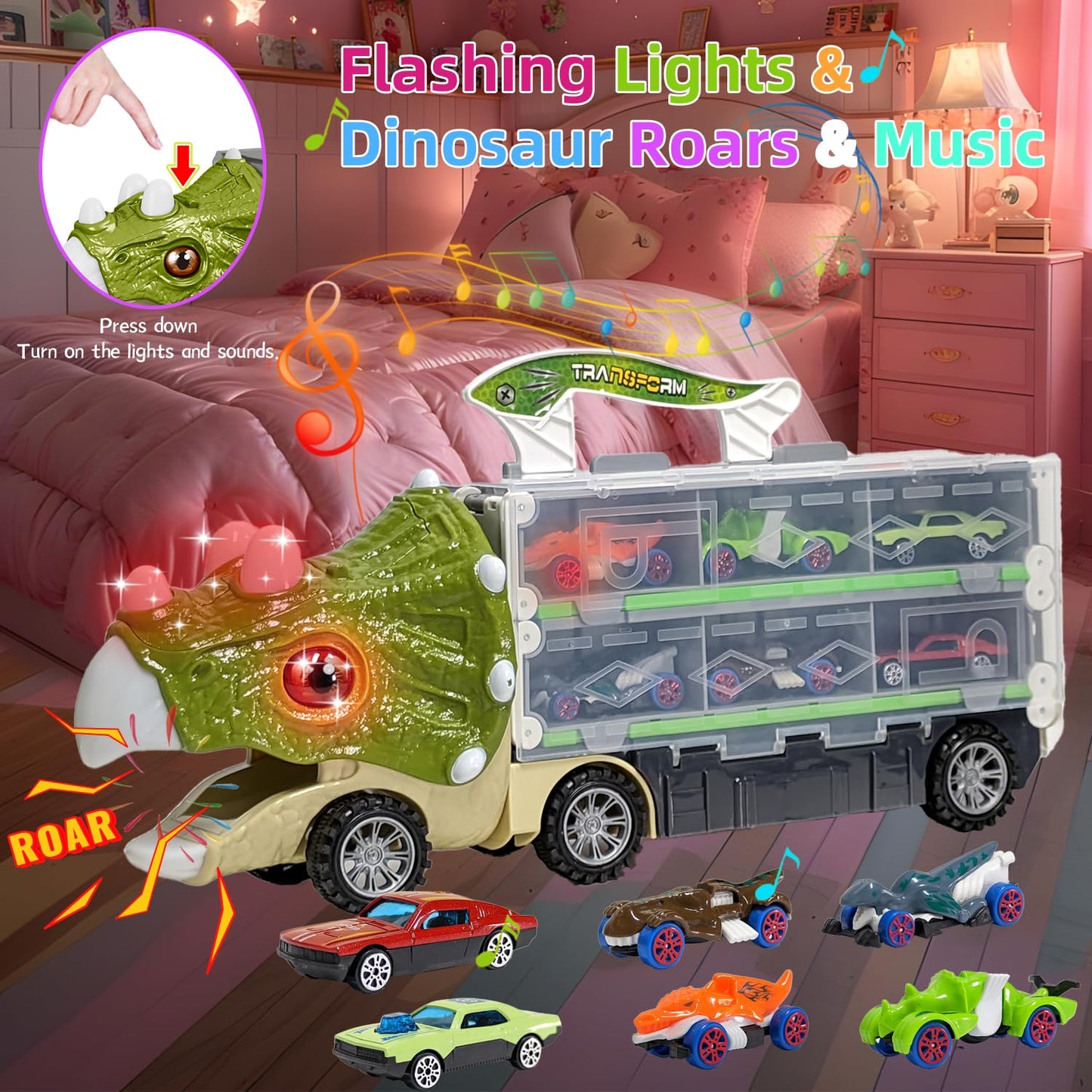Dinosaur Toys for Kids 3-5,61 Inch Foldable Dinosaur Truck with 6 Dinosaur Cars,Dinosaur Truck Race Track with Lights & Sounds,Dinosaur Cars Set Birthday Gifts Toys for 3 4 5+ Year Old Boy and Girl