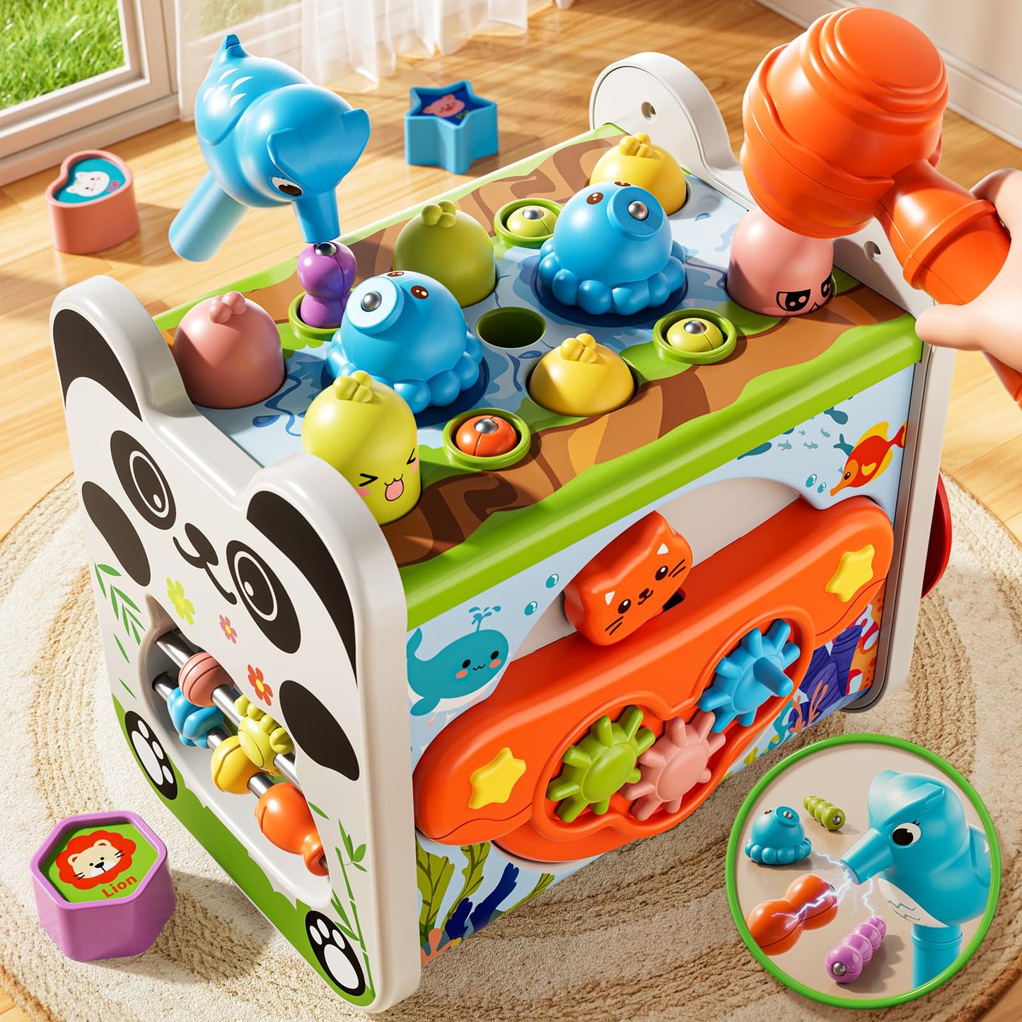 XINNOVEL 6-in-1 Montessori Toys for 3 Year Old, Hammering Pounding Toy with Xylophone, Number Maze, Spinning Gear, Shape Sorting, Spinning Fun, Birthday Gifts for Boys Girls 2+ Year Old