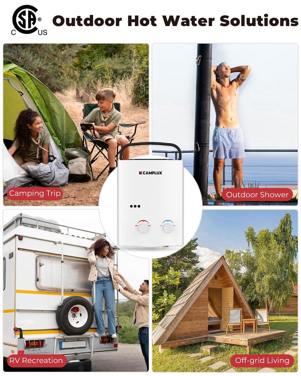 Camplux Tankless Water Heater, 1.32 GPM Portable Propane Outdoor Camping Water Heater, 5L, AY132, White