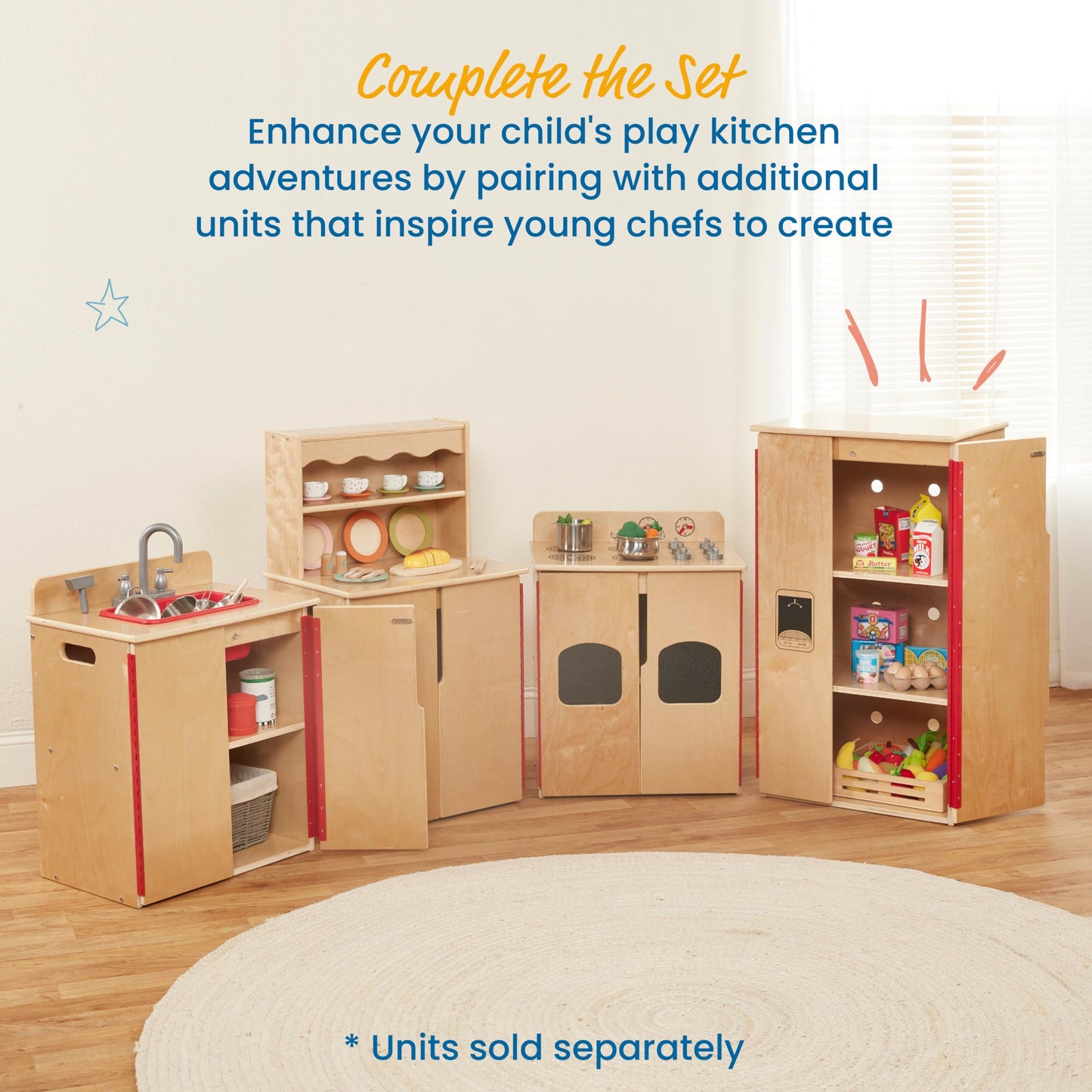ECR4Kids Wooden Pretend Play Kitchen Storage Cupboard for Kids, Montessori Furniture, Natural