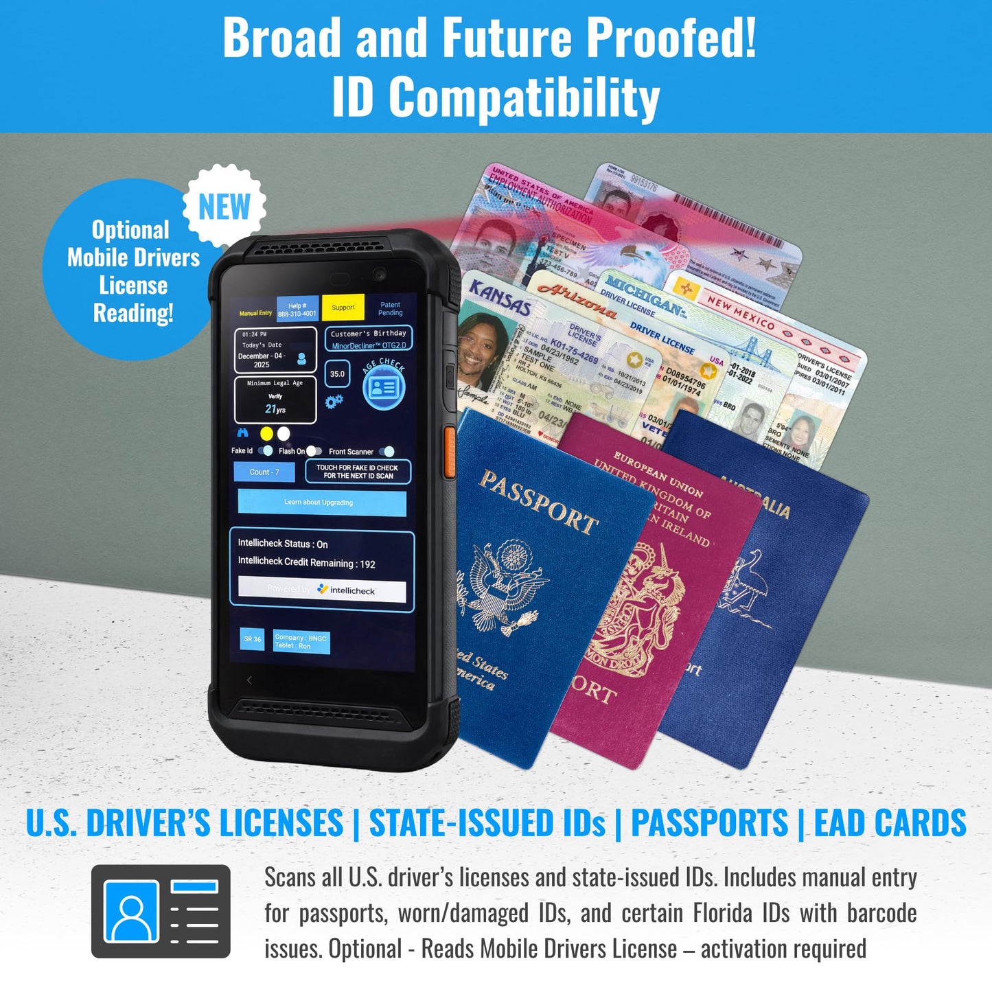 Portable ID & Passport Scanner for Bars, Clubs & Retail | Verifies Age & Expired IDs | Optional Fake ID Detection (Intellicheck) | Works in All 50 States | 2026 Model