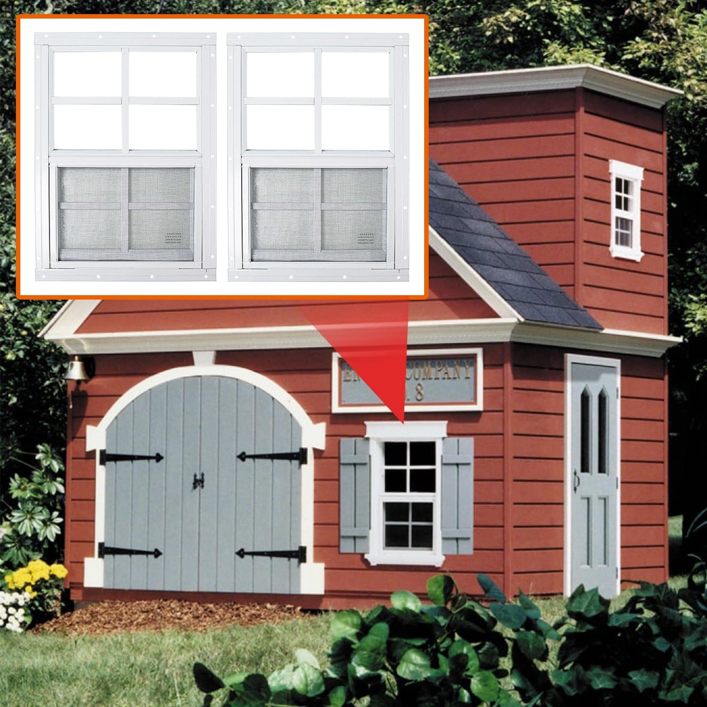 2 Pack White Shed Windows 18" x 23" Flush Mount Window with Tempered Glass and Fiberglass Screen for Chicken Coop Sheds Barns Playhouse