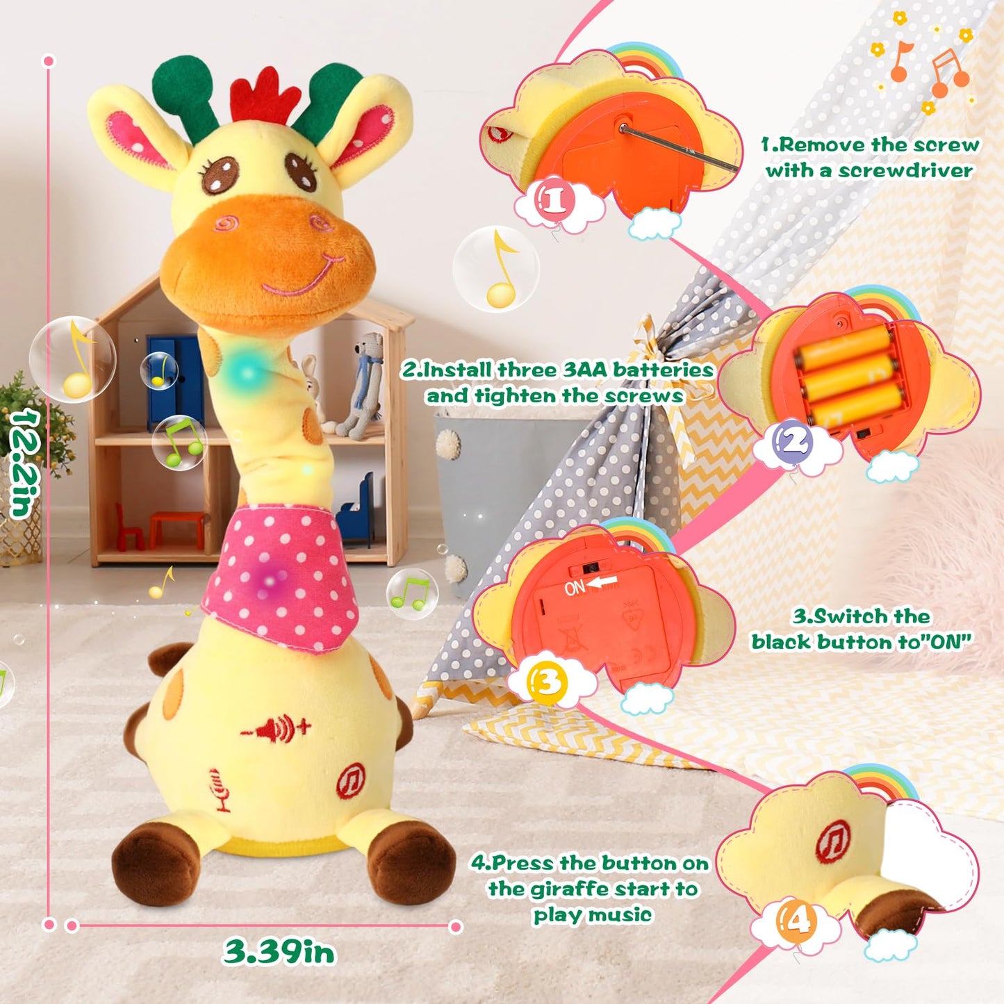 MIAODAM Dancing Giraffe Toy Stuffed Plush, Musical Baby Toys Singing 10 Children's Song Repeats What You Say, Cute Interactive Talking Giraffe Gift for Baby and Kids 1-3 Years Old