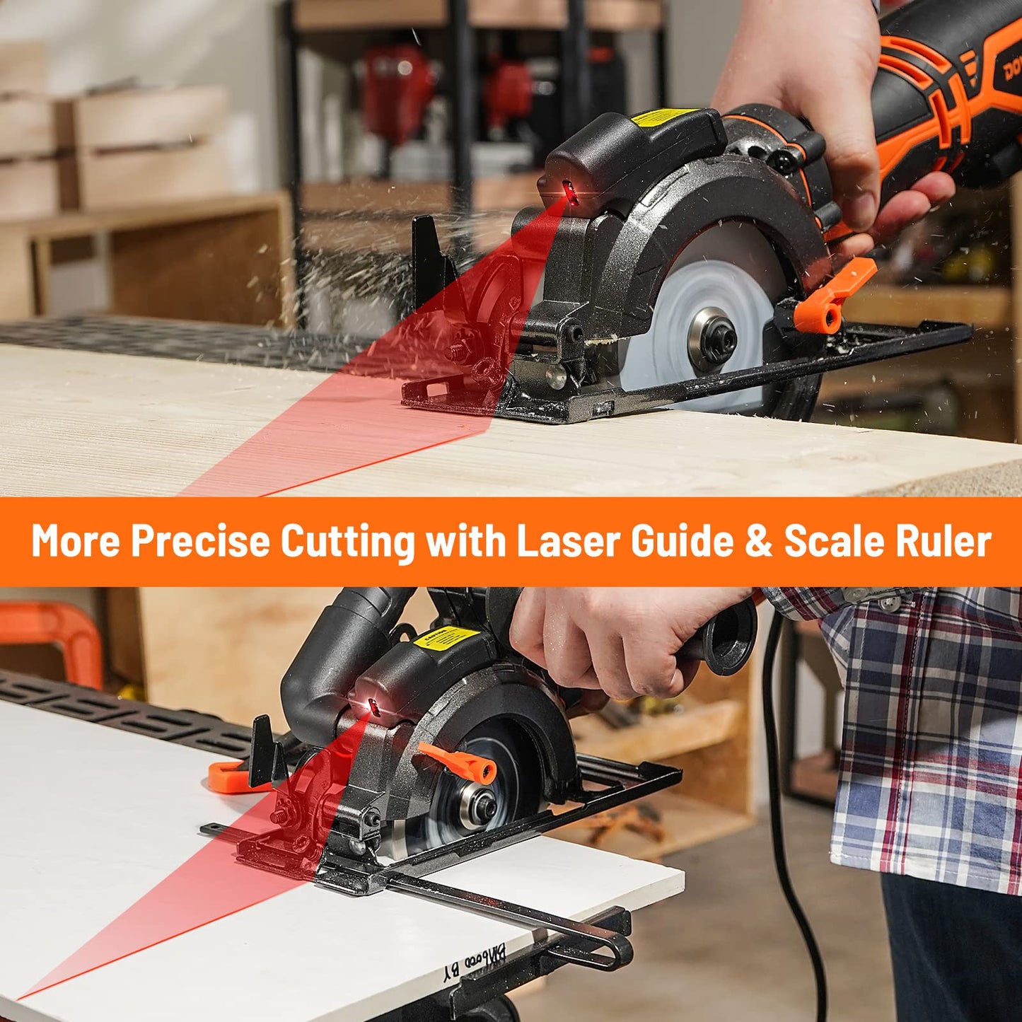 DOVAMAN Circular Saw, 5.8A 4-1/2" Circular Saw w/Laser, Metal Auxiliary Handle, 6 Blades (4½", 4¾"), Cutting Depth 1-11/16" (90°), 1-3/8" (45°), Ideal for Wood, Soft Metal, Plastic, Tile - MCS01A