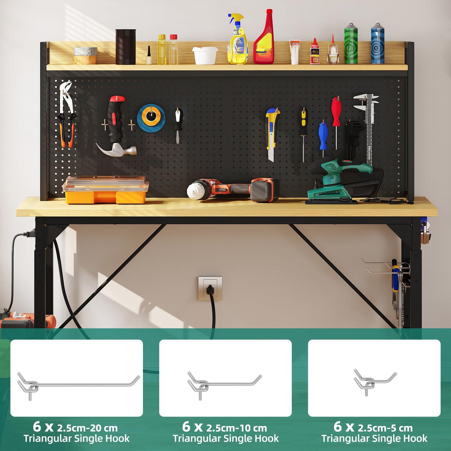 YITAHOME 60" Adjustable Workbench with Pegboard, Wheels & 1600 LB Capacity, Rolling Work Table with AC/USB Outlets, Hooks, and Rack, Heavy-Duty Work Bench for Garage, Workshop, Office, or Home