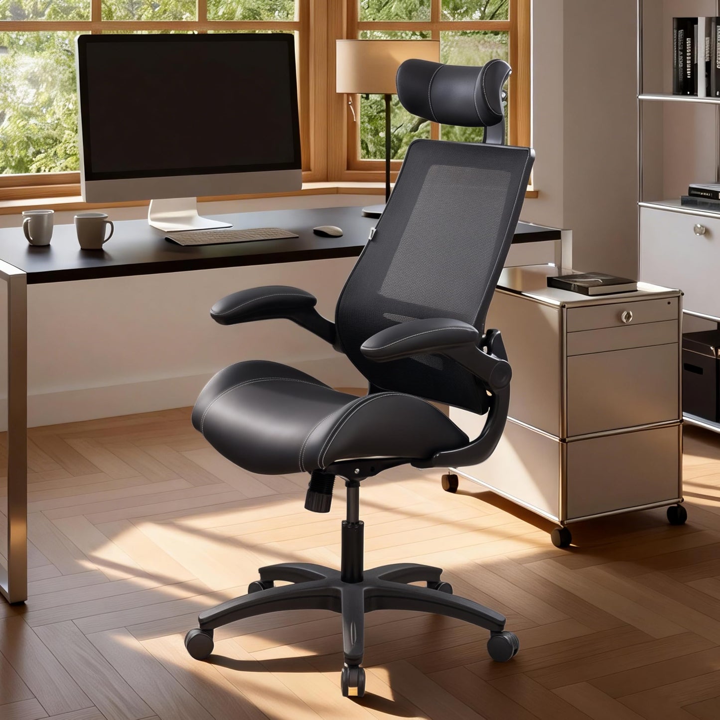 BOLISS Microleather 400lbs Office Chair High-Back Ergonomic Desk Chair with Extra-Thick High-Density Foam Seat, Adjustable Headrest, 90° Flip-Up Arms, and Rocking Tilt for Home & Office