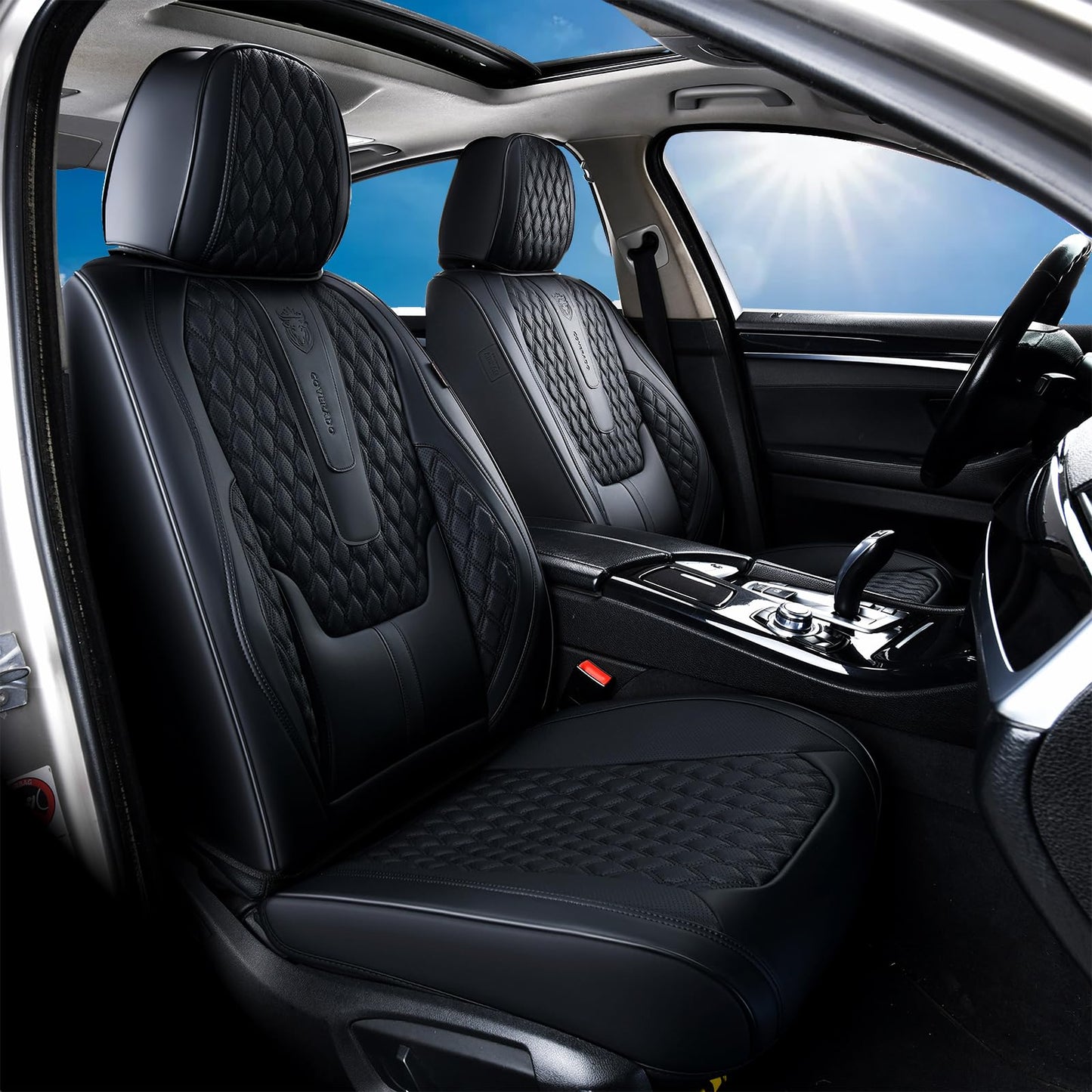 Coverado Car Seat Covers Full Set, Black Seat Covers for Car with Lumbar Support, Nappa Leather Seat Covers Waterproof Car Seat Protectors Universal Fit for Most Cars SUV Trucks