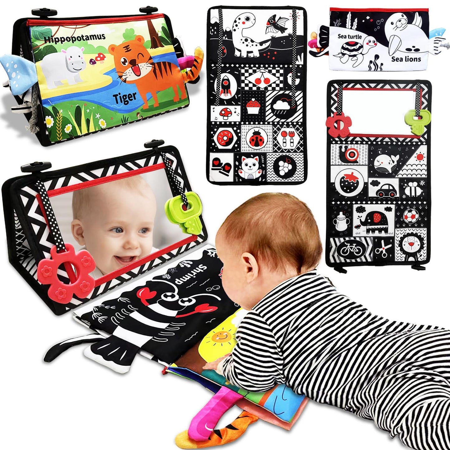 Autumety Tummy Time Mirror Newborn Toys: Black and White Infant Tummy Time Toys 0-3 0-6 6-12 Months Babies High Contrast Baby Toy with Book & Teethers Montessori Sensory Toy for Boy Girl Baby