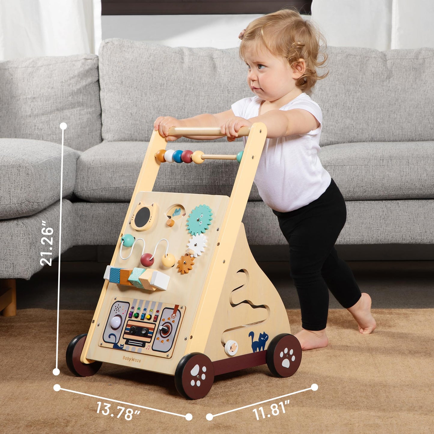 Wooden Baby Push Walker with Musical Activity Busy Board – 2-in-1 Montessori Learning Toy with Adjustable Speed, Bead Maze, Shape Sorter & Gear Wheels | Walk & Play Toy for Toddlers 9 –18 Months