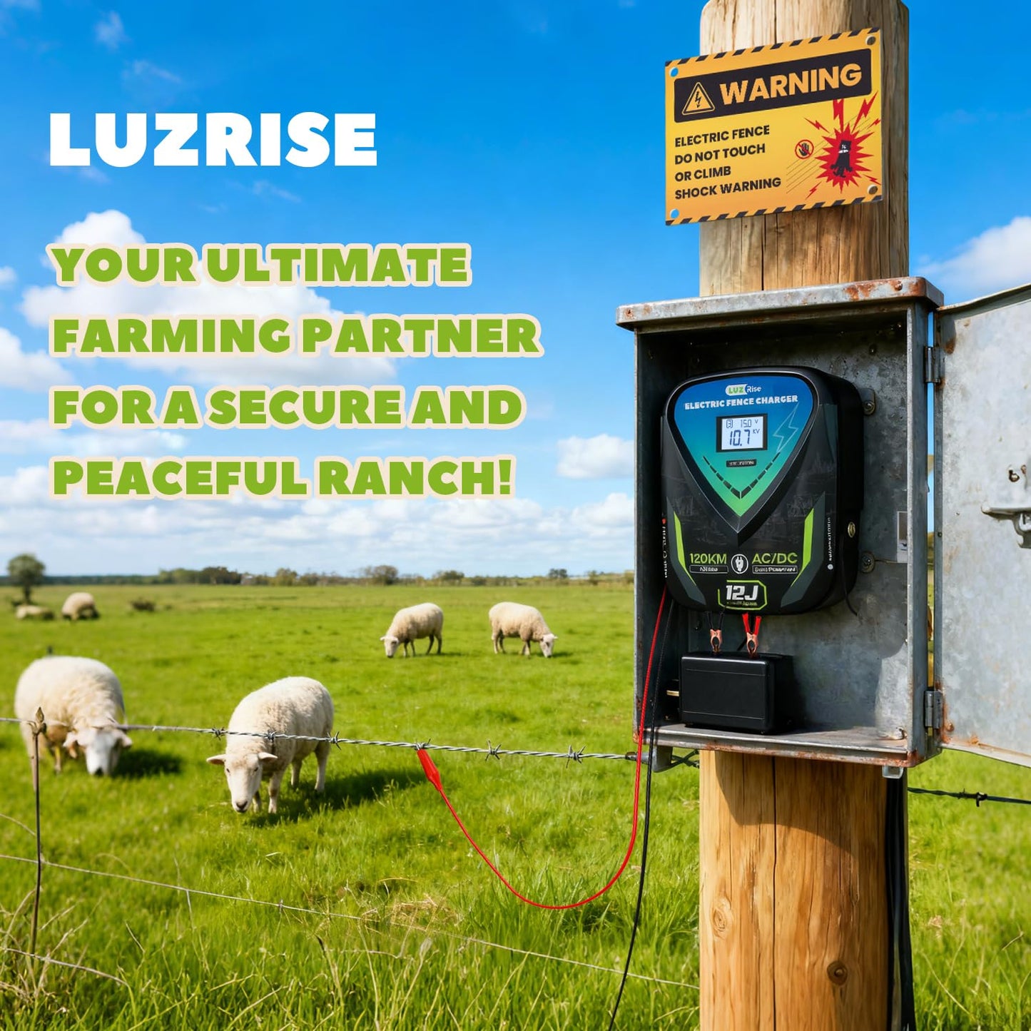 Luzrise 12J Electric Fence Charger AC DC 2 in 1 Powered Supply Fence Controller Fence Energizer Electric, IPX6 Level Waterproof, Peak Voltage 10KV, Max 120KM Range for Livestock/Farmland/Garden (12J)
