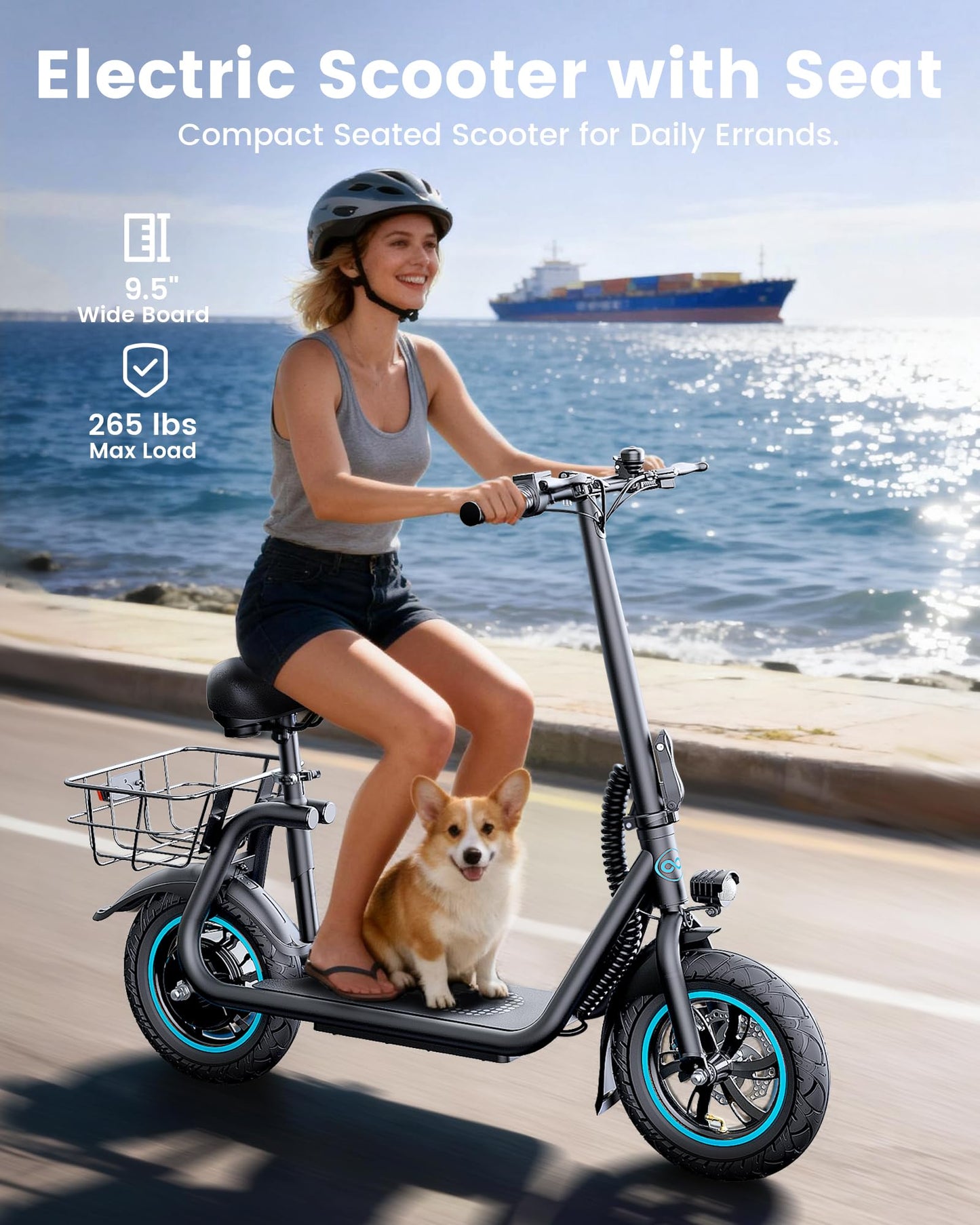 AWWSCOOTER C1 Electric Scooter with Seat for Adults, 450W Motor, 20-Mile Range, 16 MPH, Foldable Commuter E-Scooter with Basket for Grocery, Pets, and Daily Commute– Classic Black