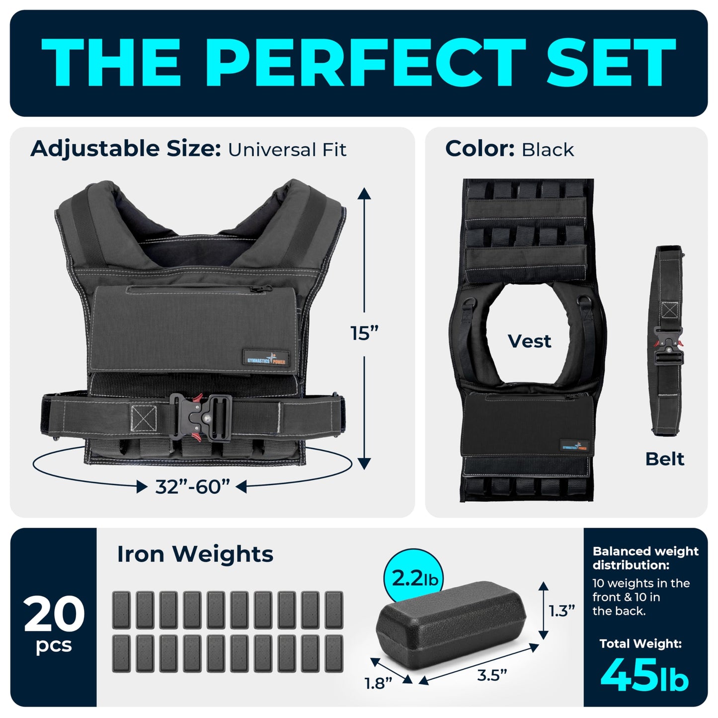 Gymnastics Power - Weighted Vest 6lb, 10lb, 12lb, 25lb, 35lb, 45lb, 60lb Removable Iron Weights for Men and Women Workout for Calisthenics and Fitness Sport Training (45 LB - Black)