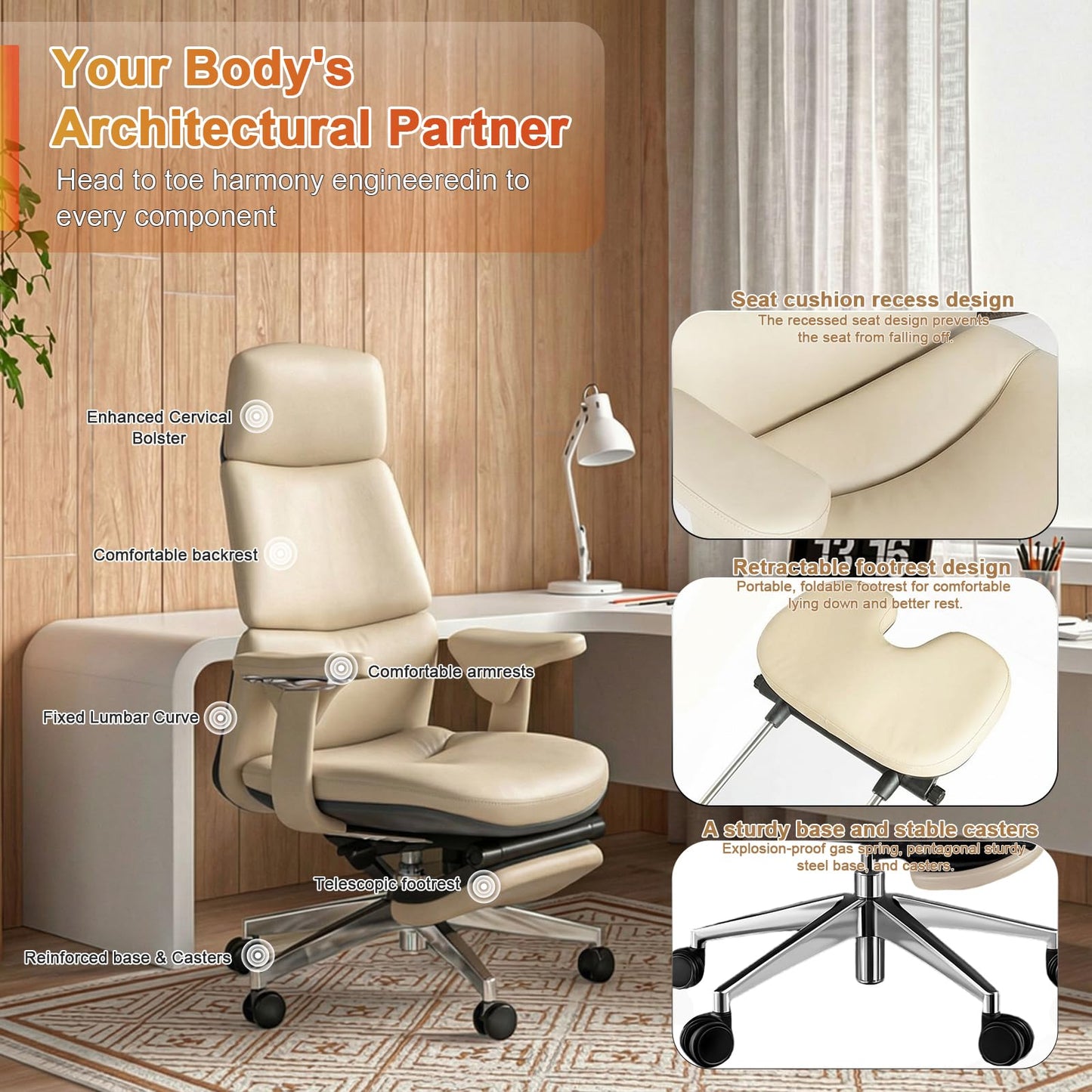FurniBaron Genuine Leather Office Chair with Flexible Footrest, High Back Executive Office Chair with Lumbar Support, Adjustable Tilt Mechanism, Weight Capacity 400 lbs (White)