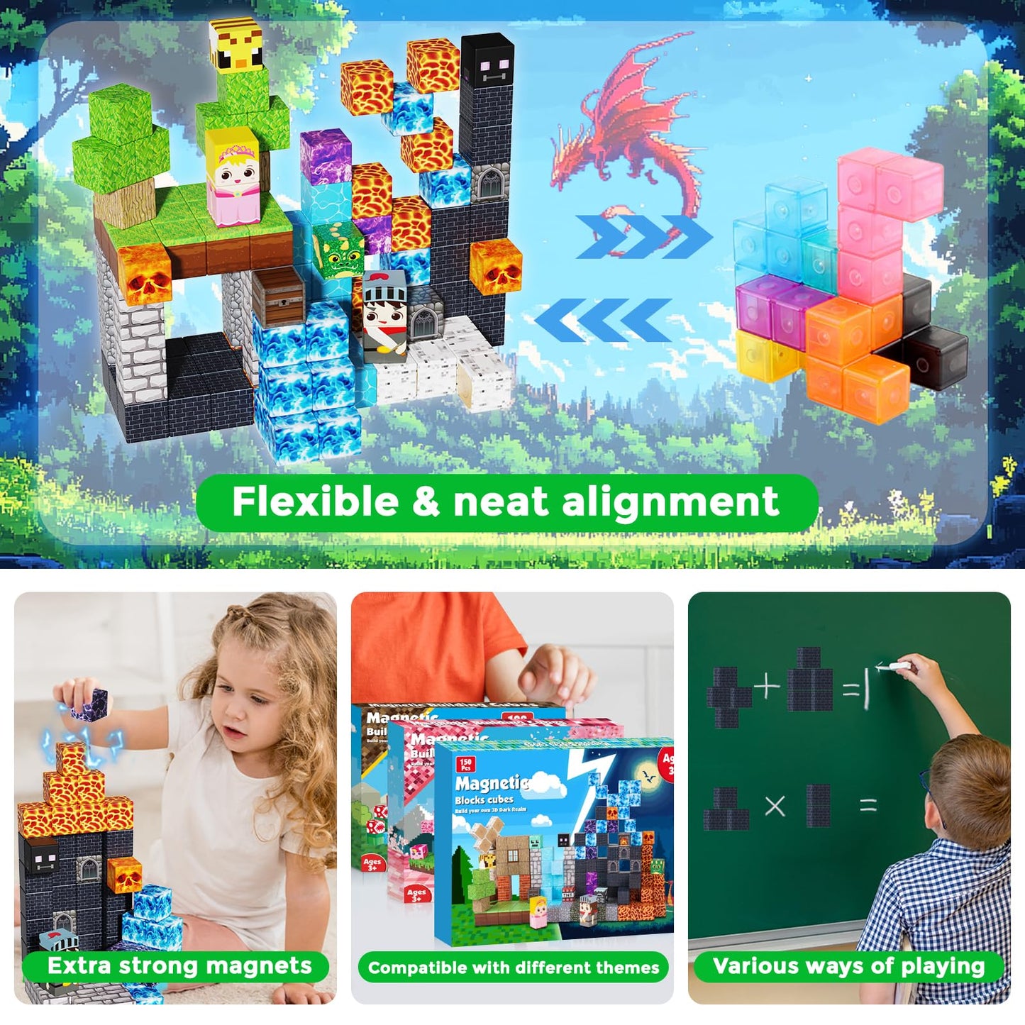 150PCS Magnetic Blocks - Magnet Building Blocks, Stacking Magents Cubes Toys Forest Dark Castle Set, STEM Montessori Sensory Toys for Kids Boys and Girls Ages 3 4 5 6 7 8 9 10 Easter Birthday Gifts