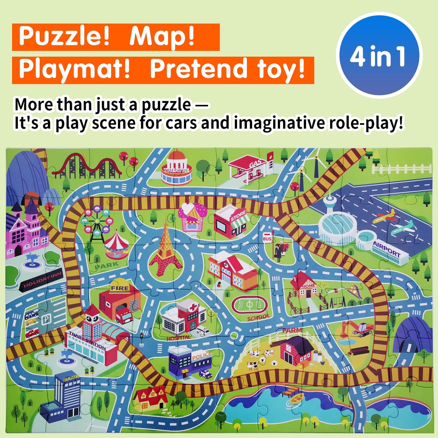 Beeqoo City Adventure Giant Floor Puzzle for Kids Ages 3-8 - 60 Piece Large Piece Puzzles- Town Map with Race Tracks & Train Tracks - Storytelling Educational Preschool Toy for Toddlers Ages 3+
